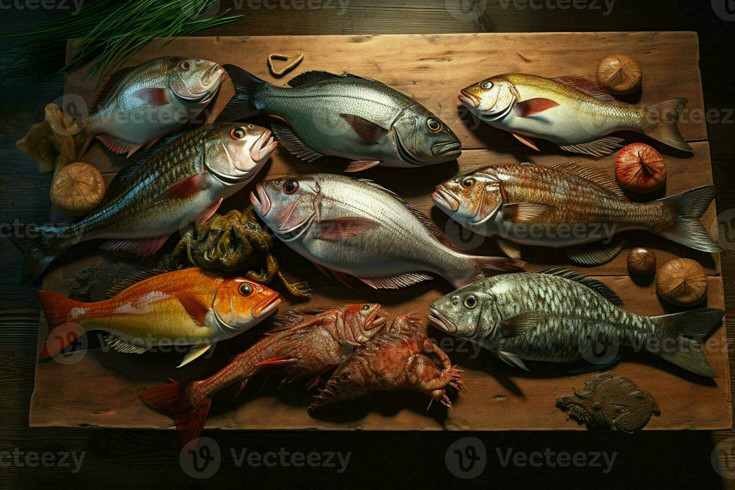 Sortiment von frisch Fisch auf ein hölzern Hintergrund. oben Sicht. ai generiert Profi Foto