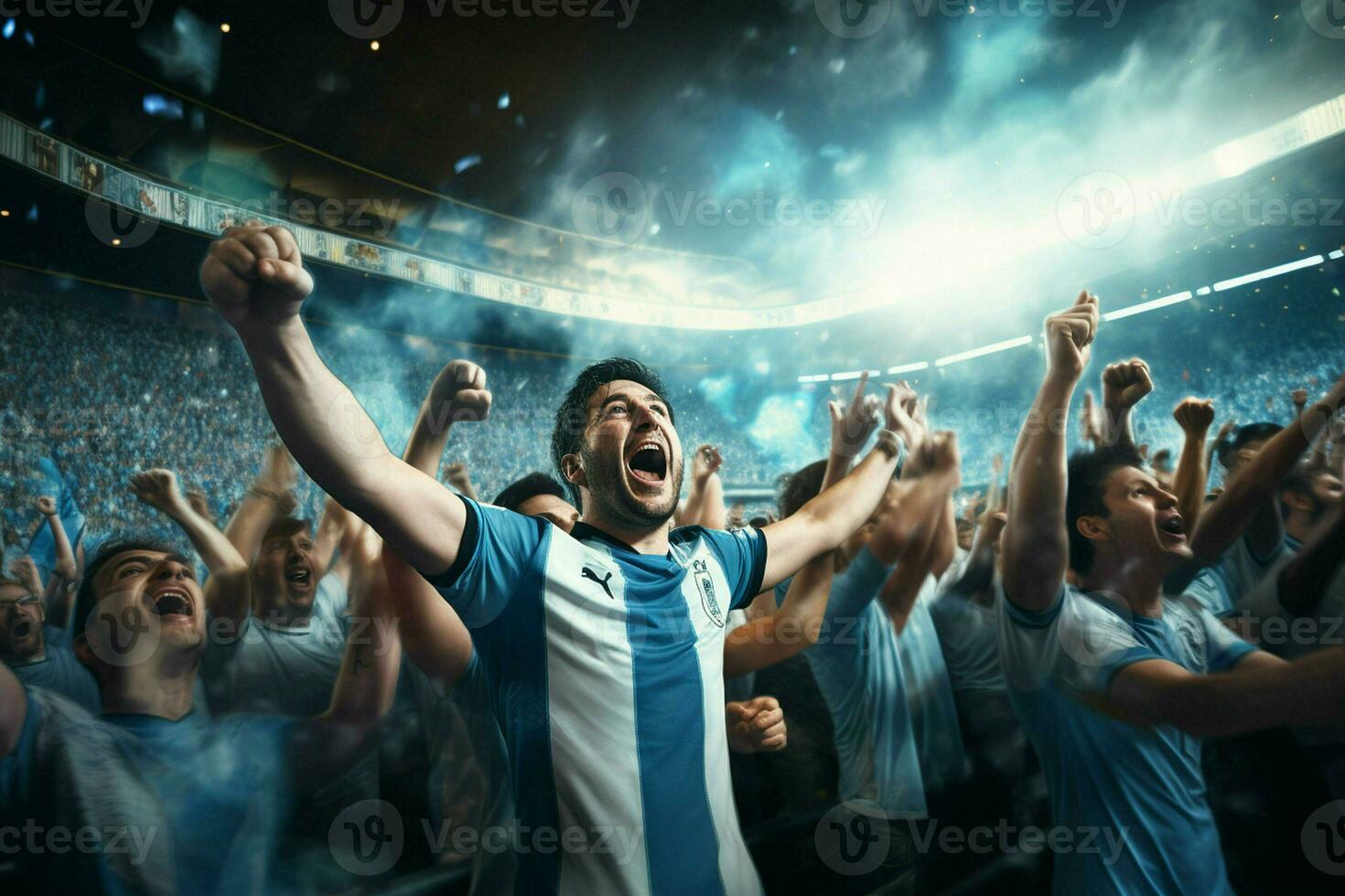 aufgeregt Argentinien Fußball Fans Jubel zum ihr Mannschaft während ein Spiel beim Stadion. ai generiert Profi Foto