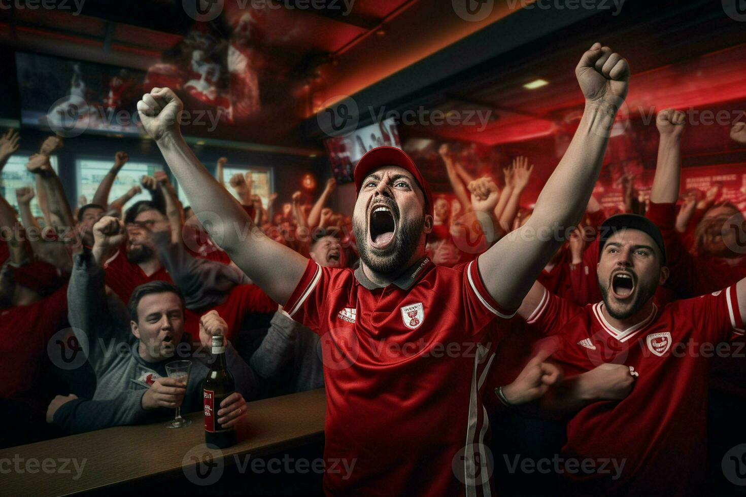 aufgeregt Kanada Fußball Fans Jubel zum ihr Mannschaft während ein Spiel beim Stadion. ai generiert Profi Foto