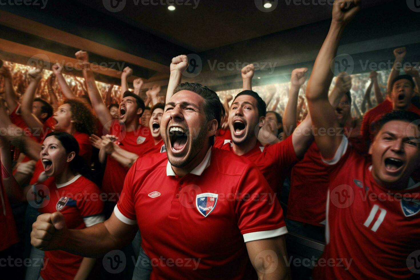 aufgeregt Costa Rica Fußball Fans Jubel zum ihr Mannschaft während ein Spiel beim Stadion. ai generiert Profi Foto