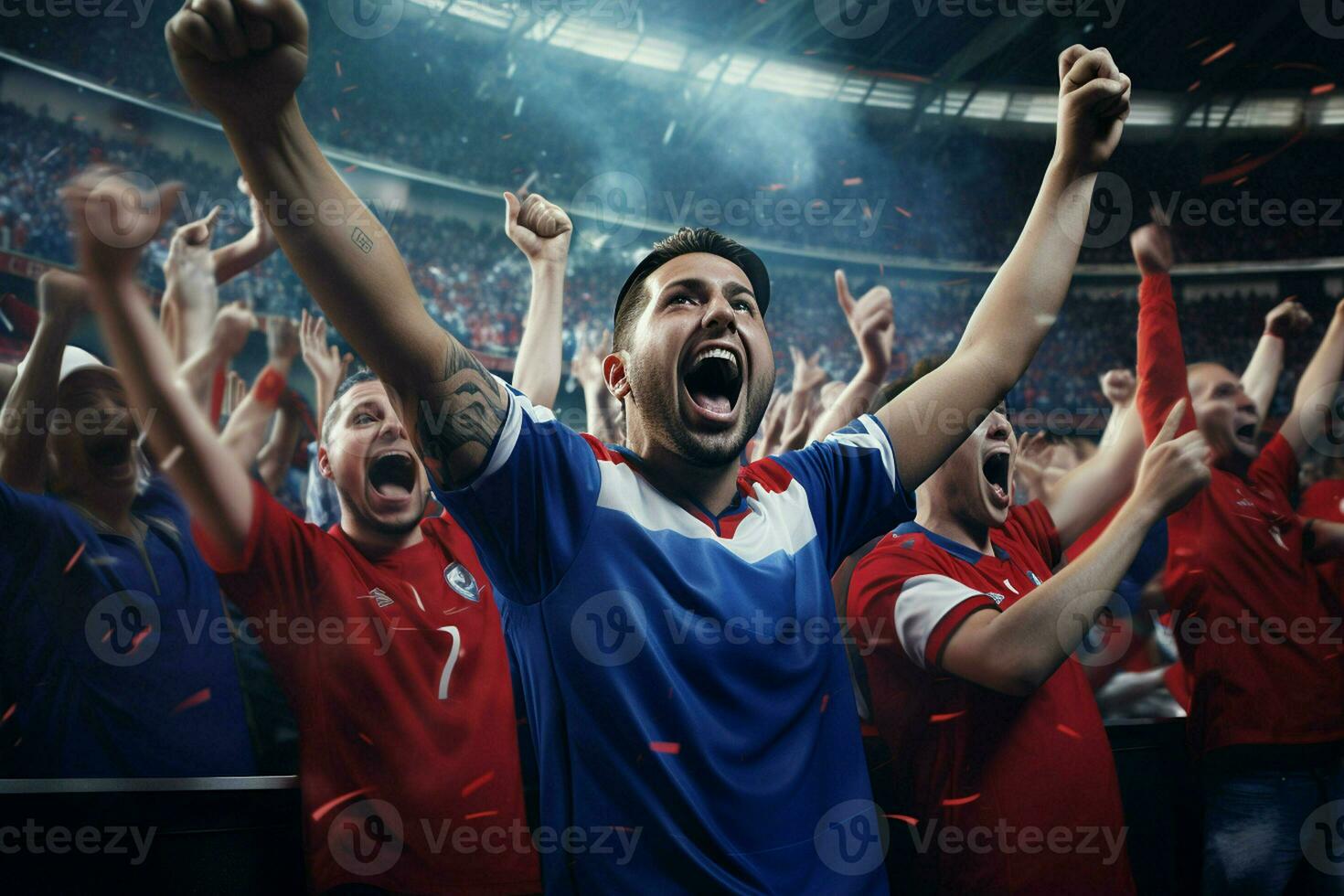 aufgeregt Costa Rica Fußball Fans Jubel zum ihr Mannschaft während ein Spiel beim Stadion. ai generiert Profi Foto