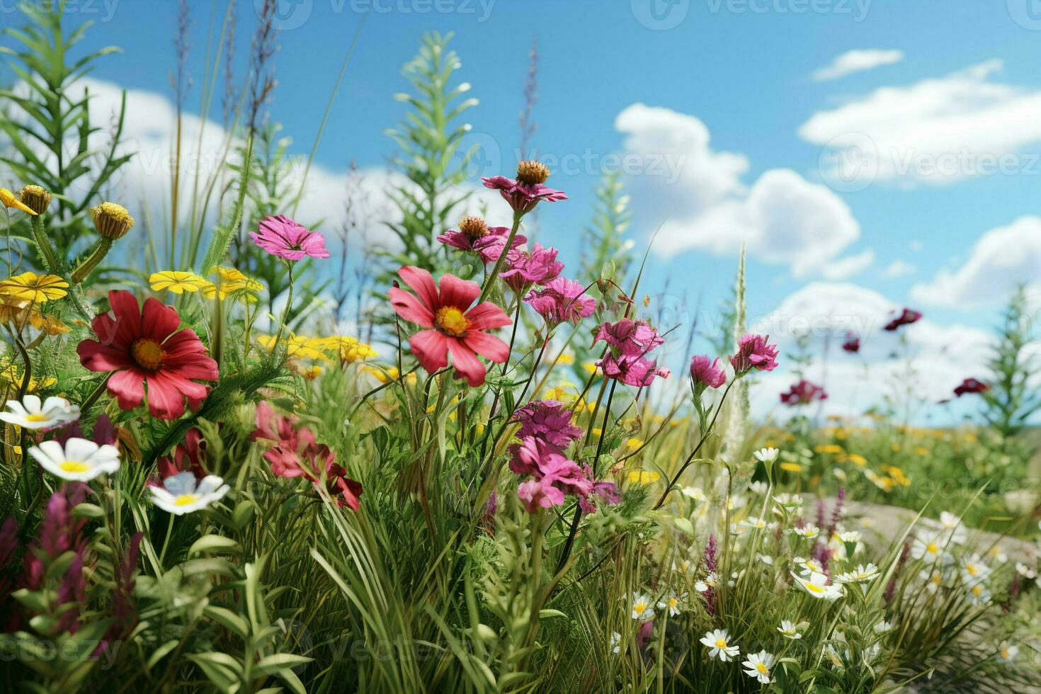 Blume Wiese mit Lupinen und Gänseblümchen. ai generiert Profi Foto