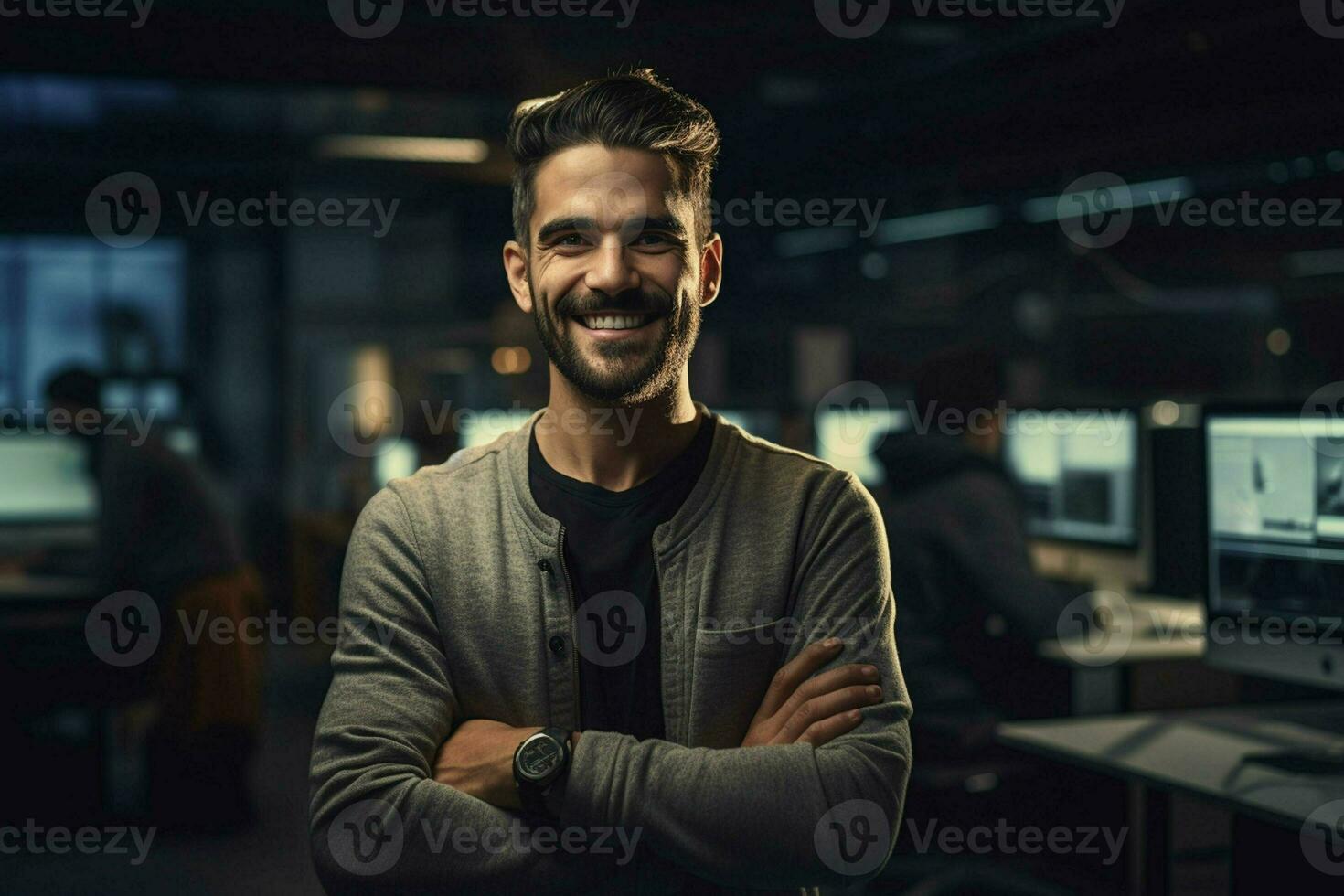 Porträt von zuversichtlich Geschäftsmann Stehen im Vorderseite von Computer Monitore im Büro. ai generiert Profi Foto