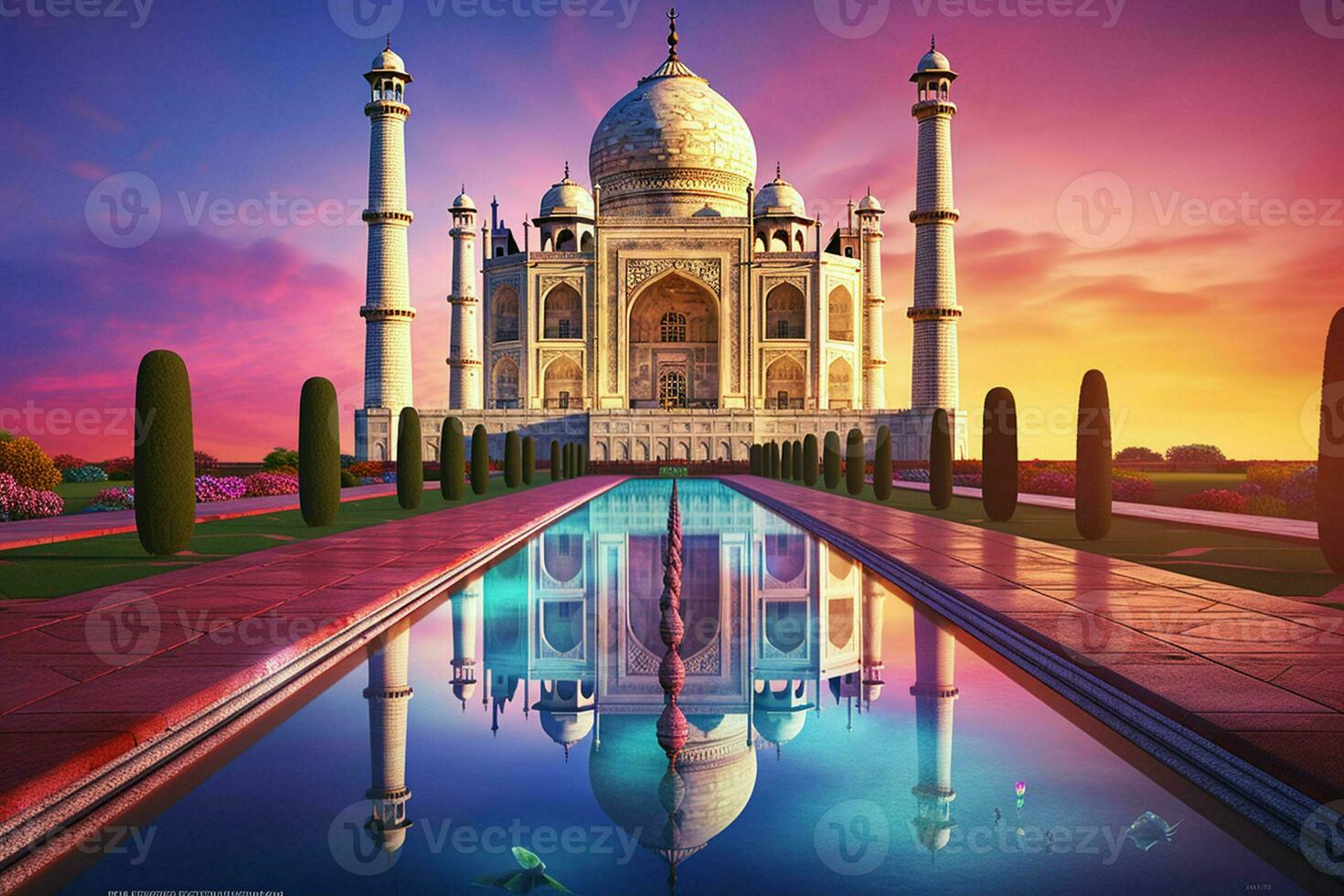 taj Mahal mit Betrachtung im das Teich. 3d Wiedergabe. ai generiert Profi Foto