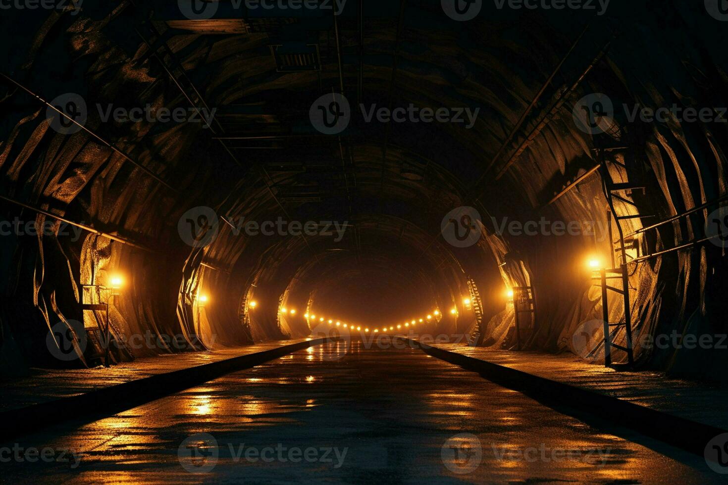 unter Tage Tunnel mit Beleuchtung beim Nacht. lange Belichtung. lange Belichtung. ai generiert Profi Foto