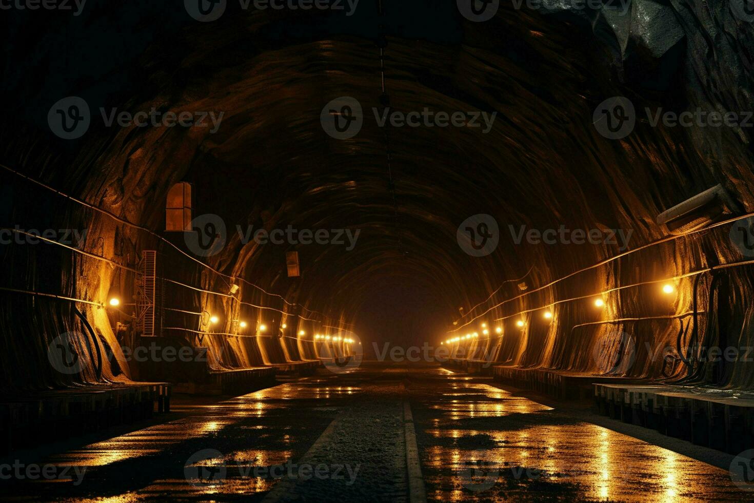 unter Tage Tunnel mit Beleuchtung beim Nacht. lange Belichtung. lange Belichtung. ai generiert Profi Foto