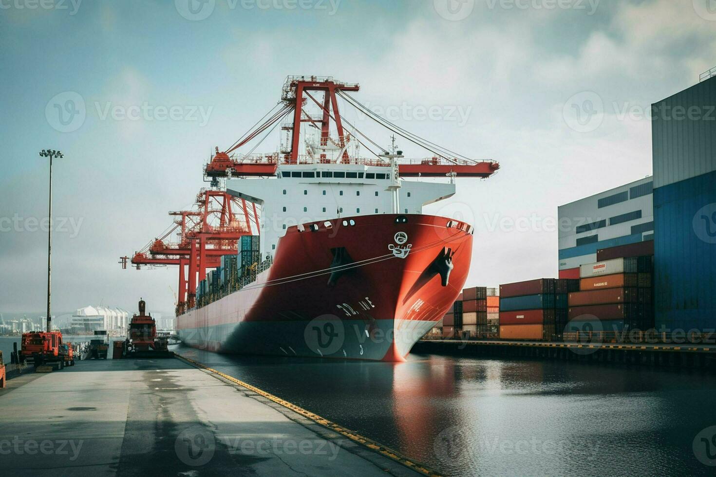 Container Ladung Fracht Schiff mit Arbeiten Kran Brücke im Werft zum logistisch importieren Export Hintergrund. ai generiert Profi Foto