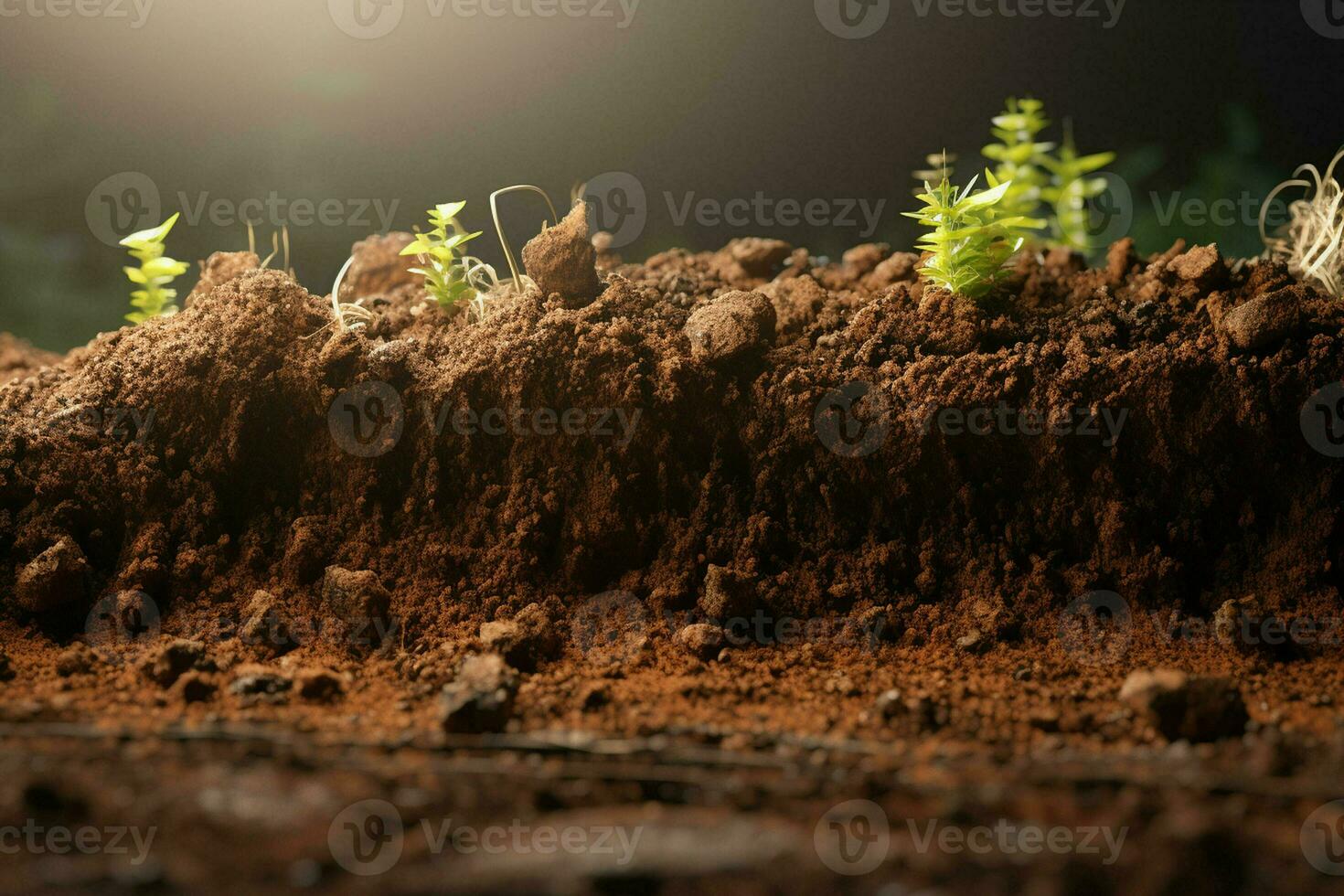 Stapel von Boden auf das Hintergrund von das Wald und Berge. ai generiert Profi Foto