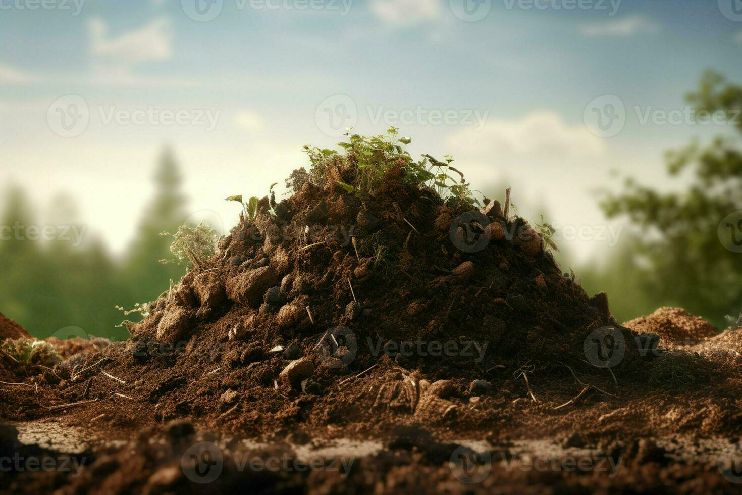 Stapel von Boden auf das Hintergrund von das Wald und Berge. ai generiert Profi Foto