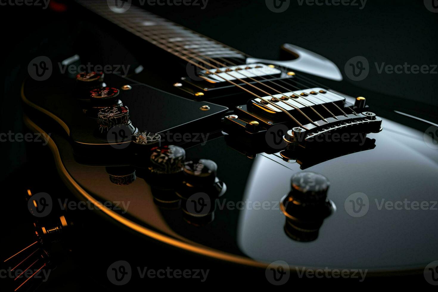 schließen oben von schwarz elektrisch Gitarre. ai generiert Profi Foto