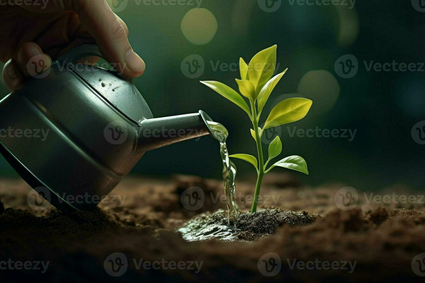Bewässerung ein jung Grün Pflanze im das Boden mit Wasser Tröpfchen. ai generiert Profi Foto