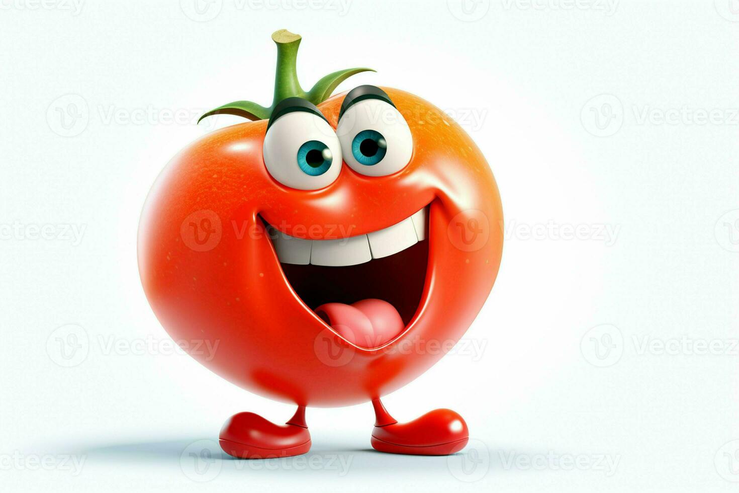 Karikatur Tomate mit Smiley Gesicht auf Weiß Hintergrund. ai generiert Profi Foto