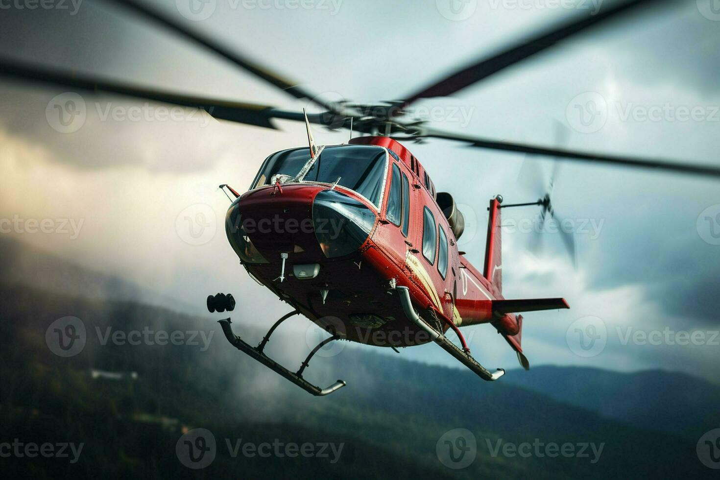 Hubschrauber im Flug Über das Berge. 3d Wiedergabe. ai generiert Profi Foto