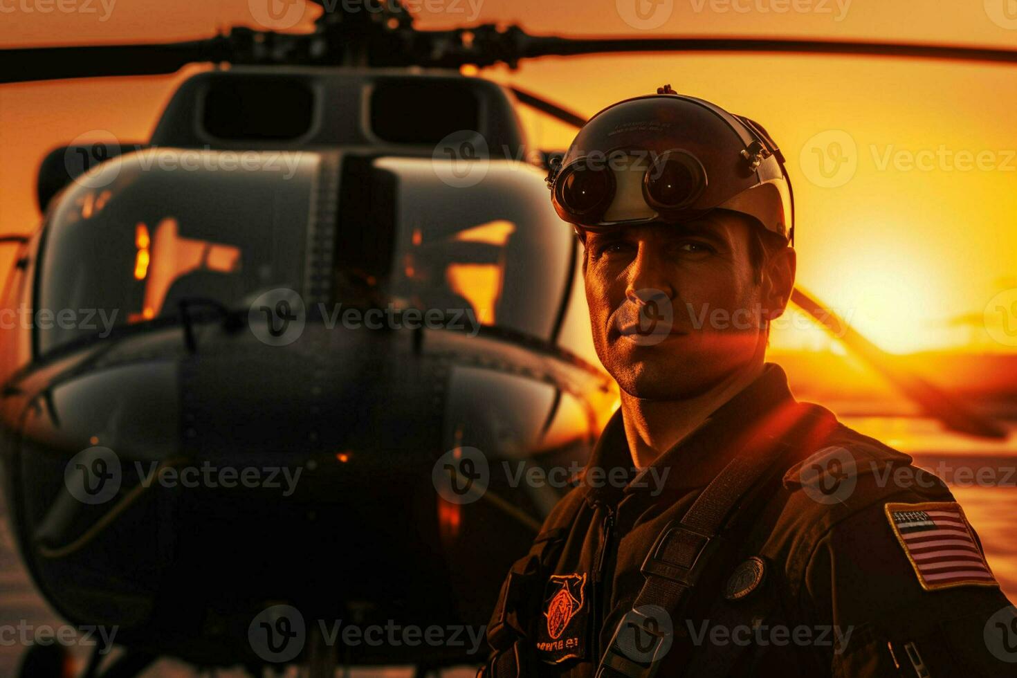 Hubschrauber beim Sonnenuntergang Nahansicht Porträt von Pilot Stehen im Vorderseite. ai generiert Profi Foto