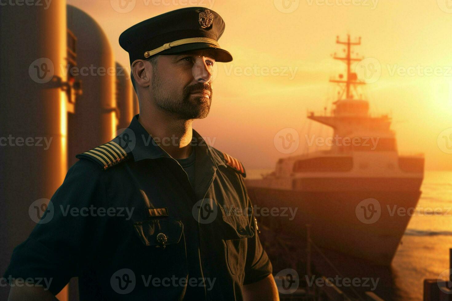 Porträt von zuversichtlich männlich Pilot Stehen mit Hände auf Hüften und suchen beim Kamera während Stehen gegen Ladung Schiff beim Sonnenuntergang. ai generiert Profi Foto