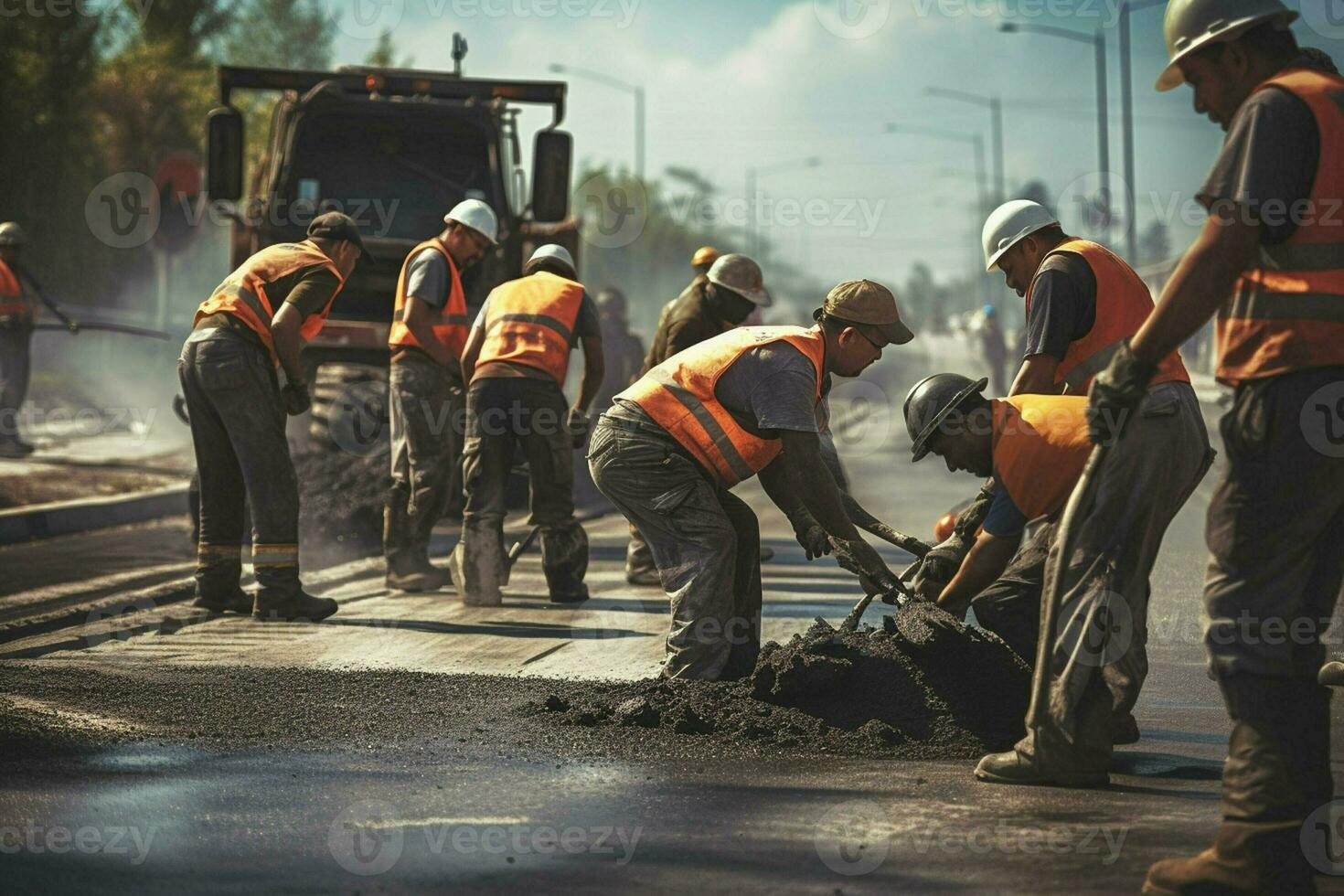 Nahansicht von Konstruktion Ausrüstung. Arbeitskräfte beim das Straße Konstruktion Seite? ˅ Verlegung Asphalt auf ein Neu Straße. ai generiert Profi Foto