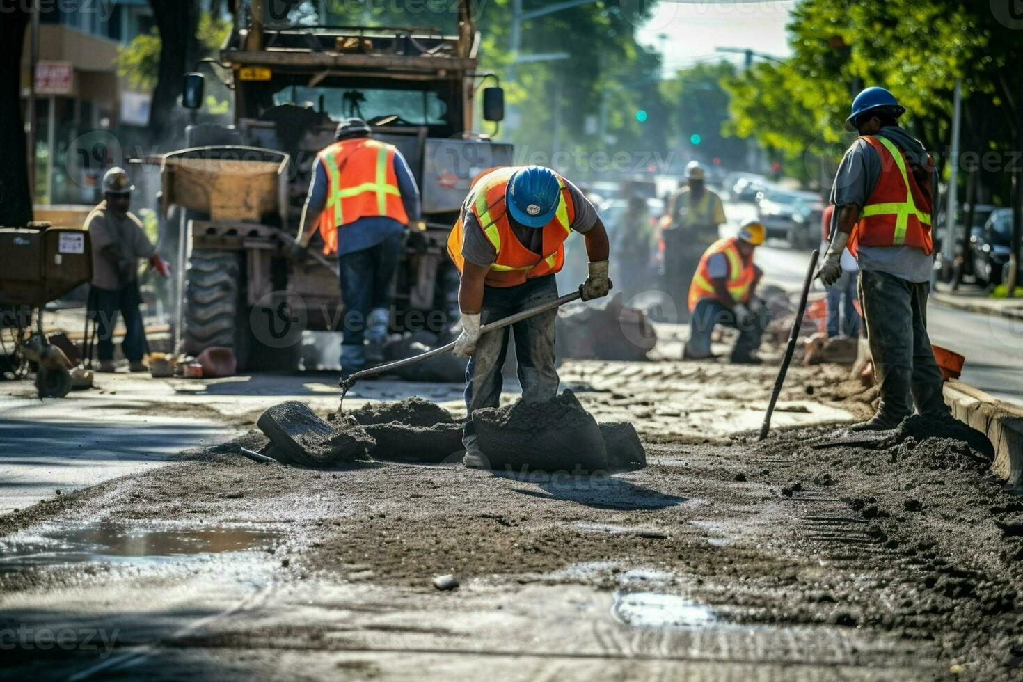 Nahansicht von Konstruktion Ausrüstung. Arbeitskräfte beim das Straße Konstruktion Seite? ˅ Verlegung Asphalt auf ein Neu Straße. ai generiert Profi Foto