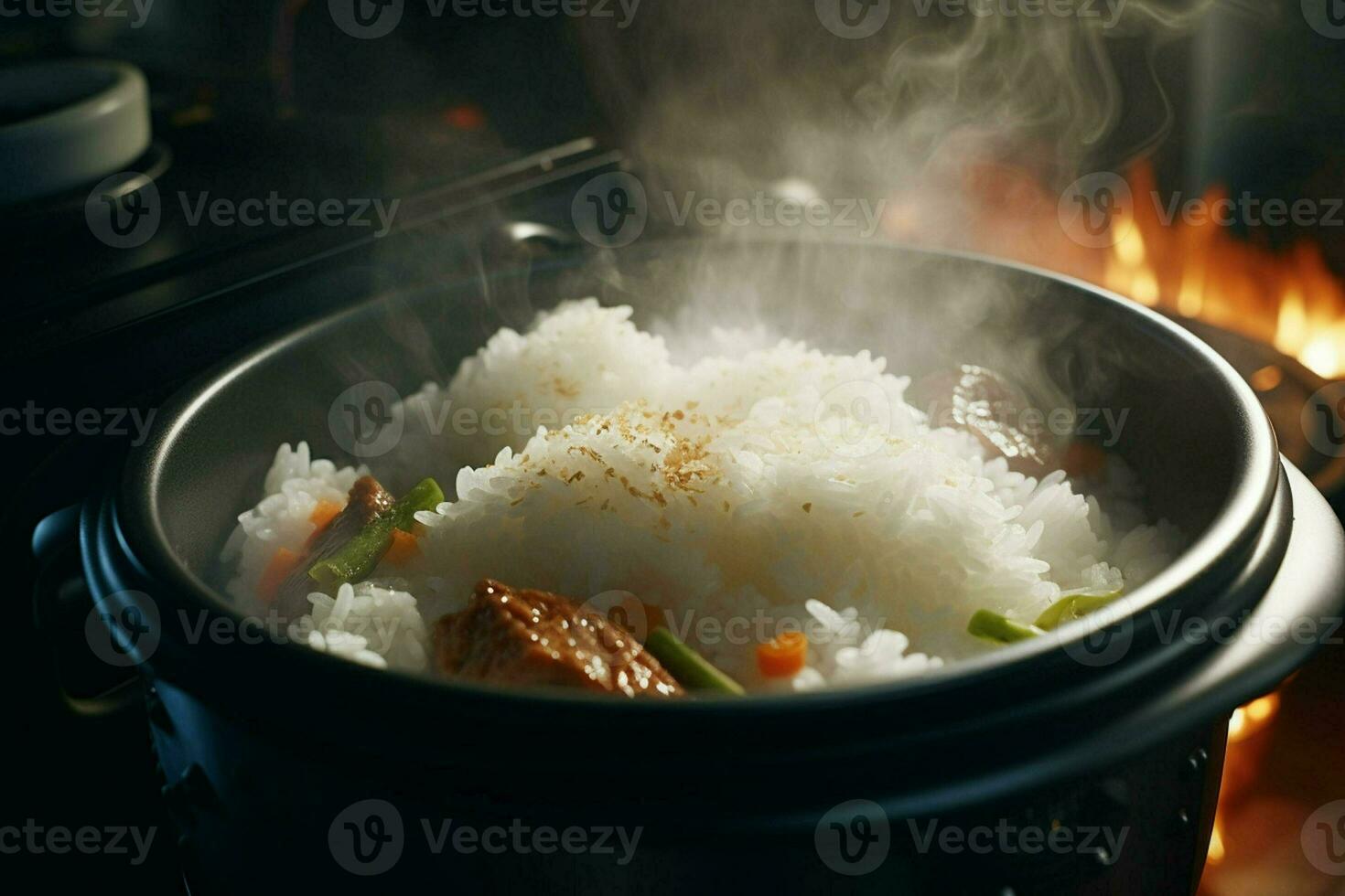 Kochen Reis im heiß Topf mit Dampf auf Herd, Nahaufnahme. ai generiert Profi Foto