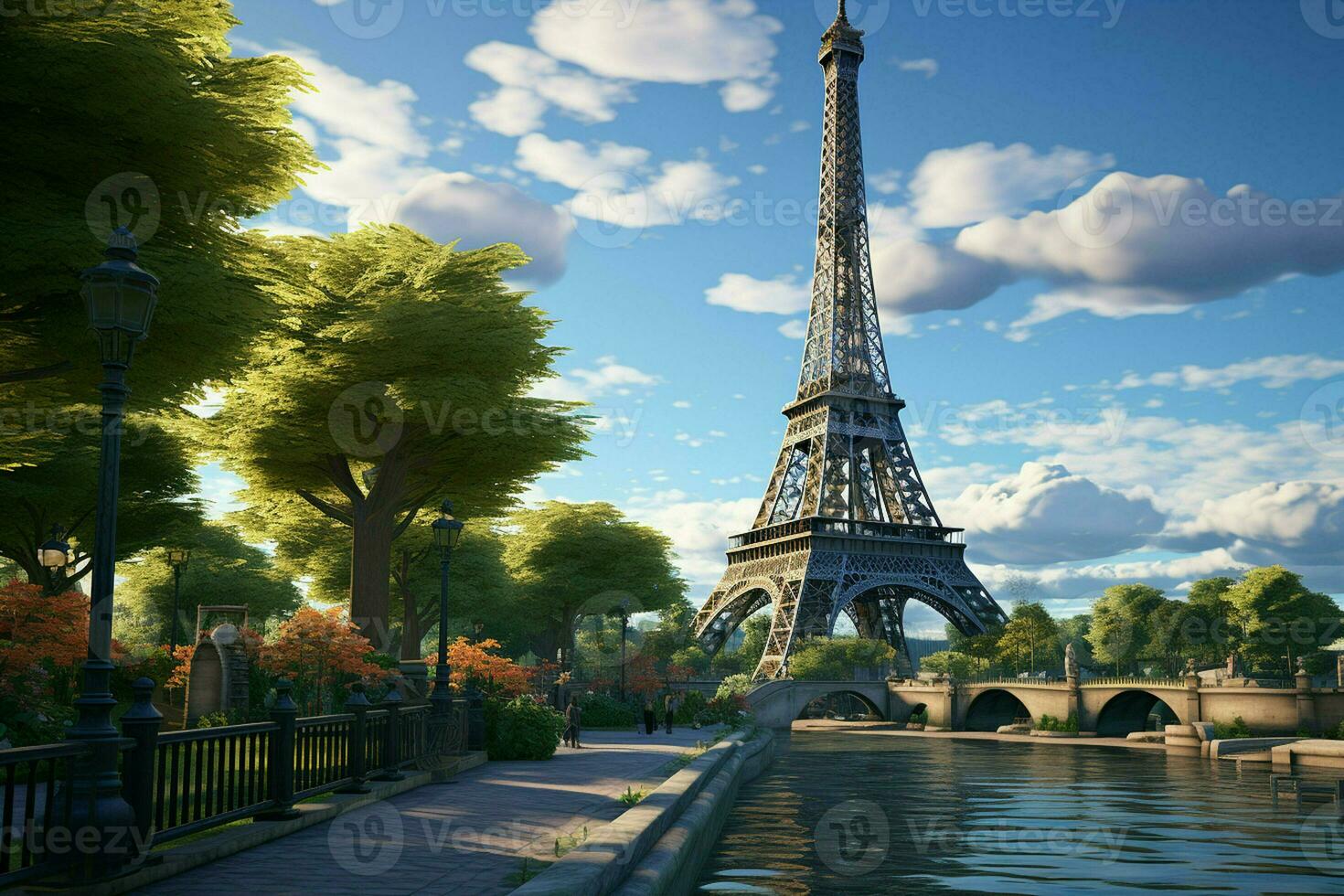 Eiffel Turm im Paris, Frankreich beim Sonnenuntergang. 3d Wiedergabe. ai generiert Profi Foto