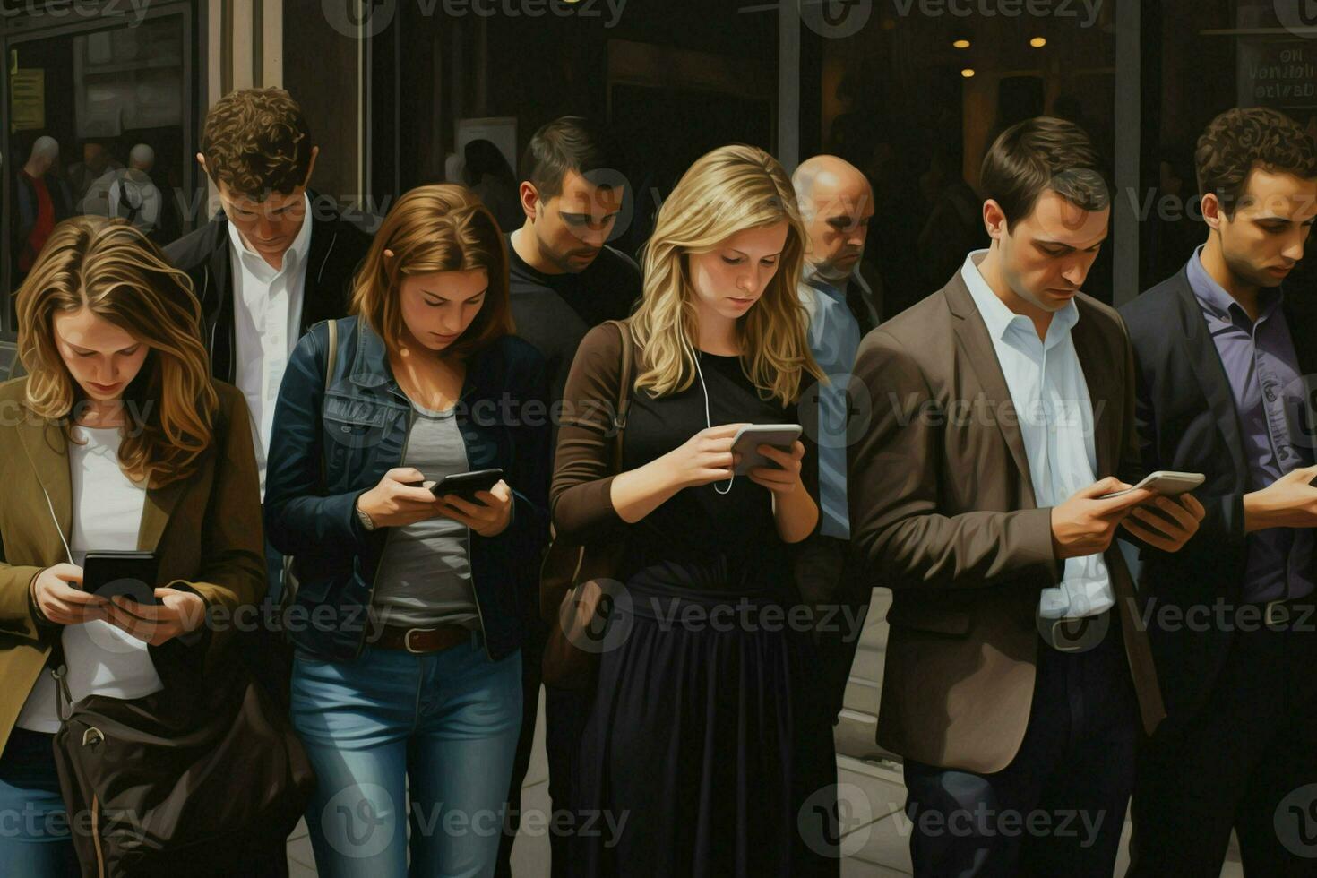 Gruppe von jung Menschen mit ihr Smartphones im das Straße. städtisch Szene. ai generiert Profi Foto