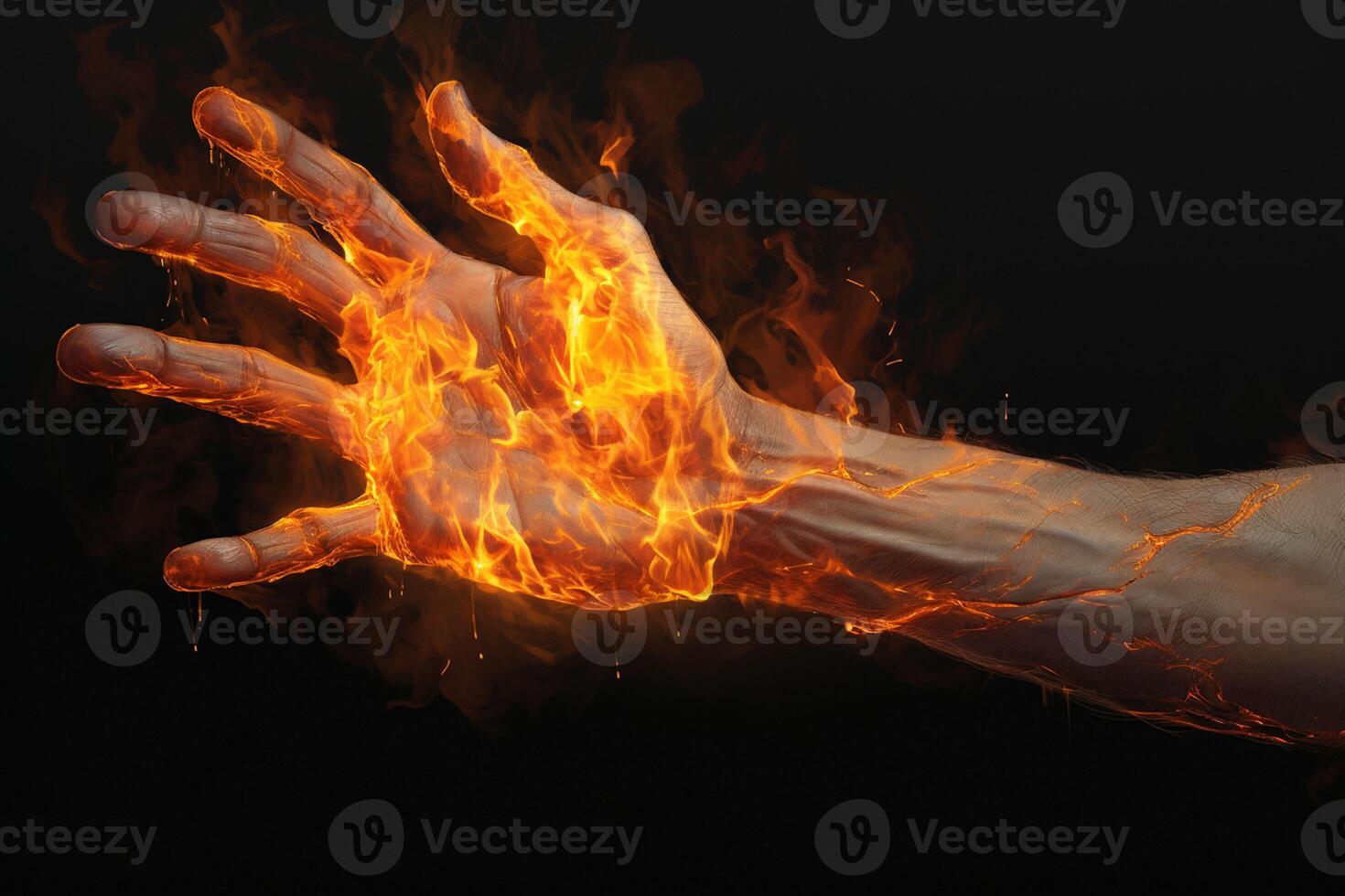 Hand mit Feuer auf ein schwarz Hintergrund. Nahansicht von Mensch Hand. ai generiert Profi Foto