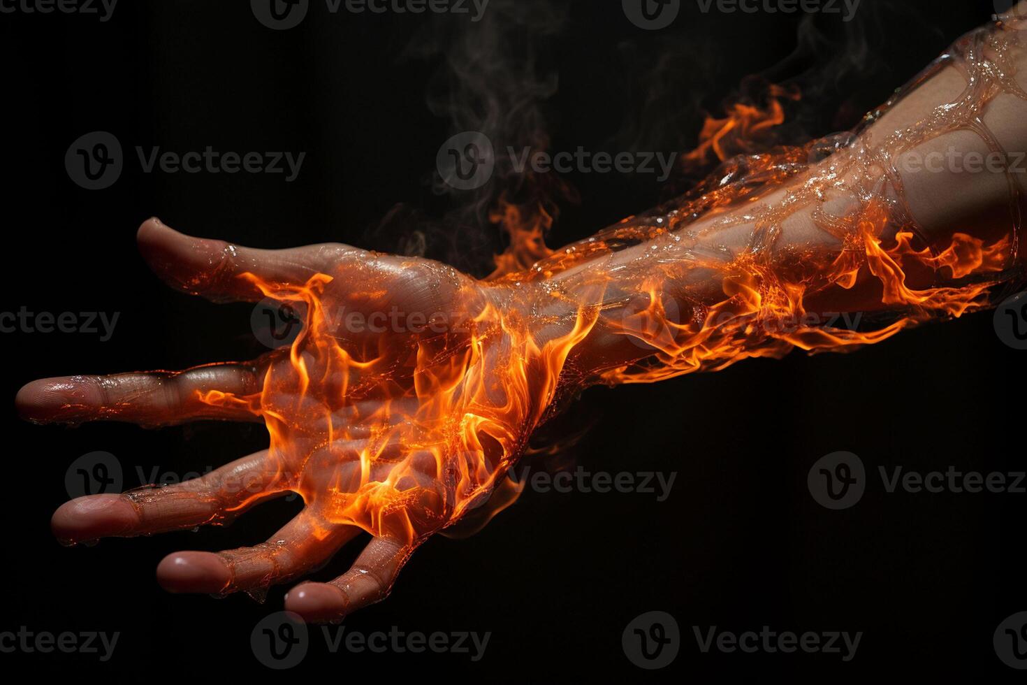 Hand mit Feuer auf ein schwarz Hintergrund. Nahansicht von Mensch Hand. ai generiert Profi Foto