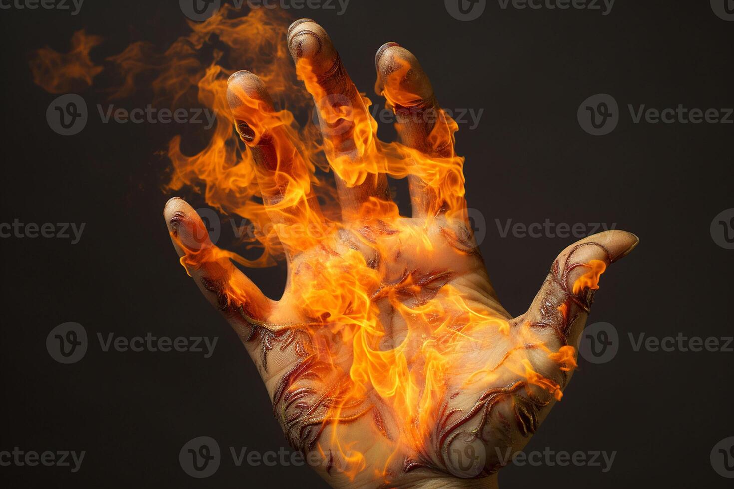 Hand mit Feuer auf ein schwarz Hintergrund. Nahansicht von Mensch Hand. ai generiert Profi Foto