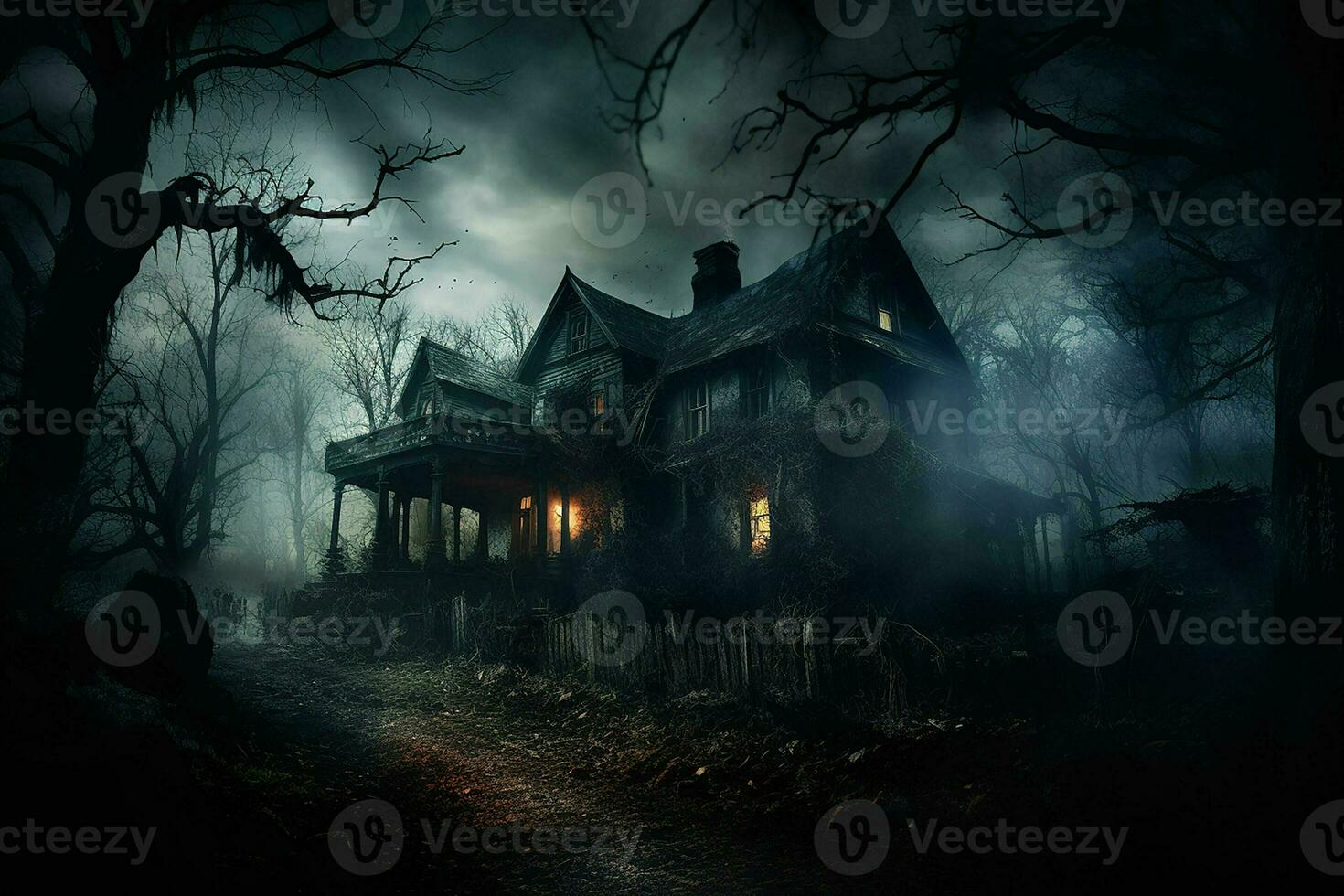 unheimlich Halloween gespenstisch verfolgt Haus im dunkel Wald. Grusel Halloween Konzept. ai generiert Profi Foto