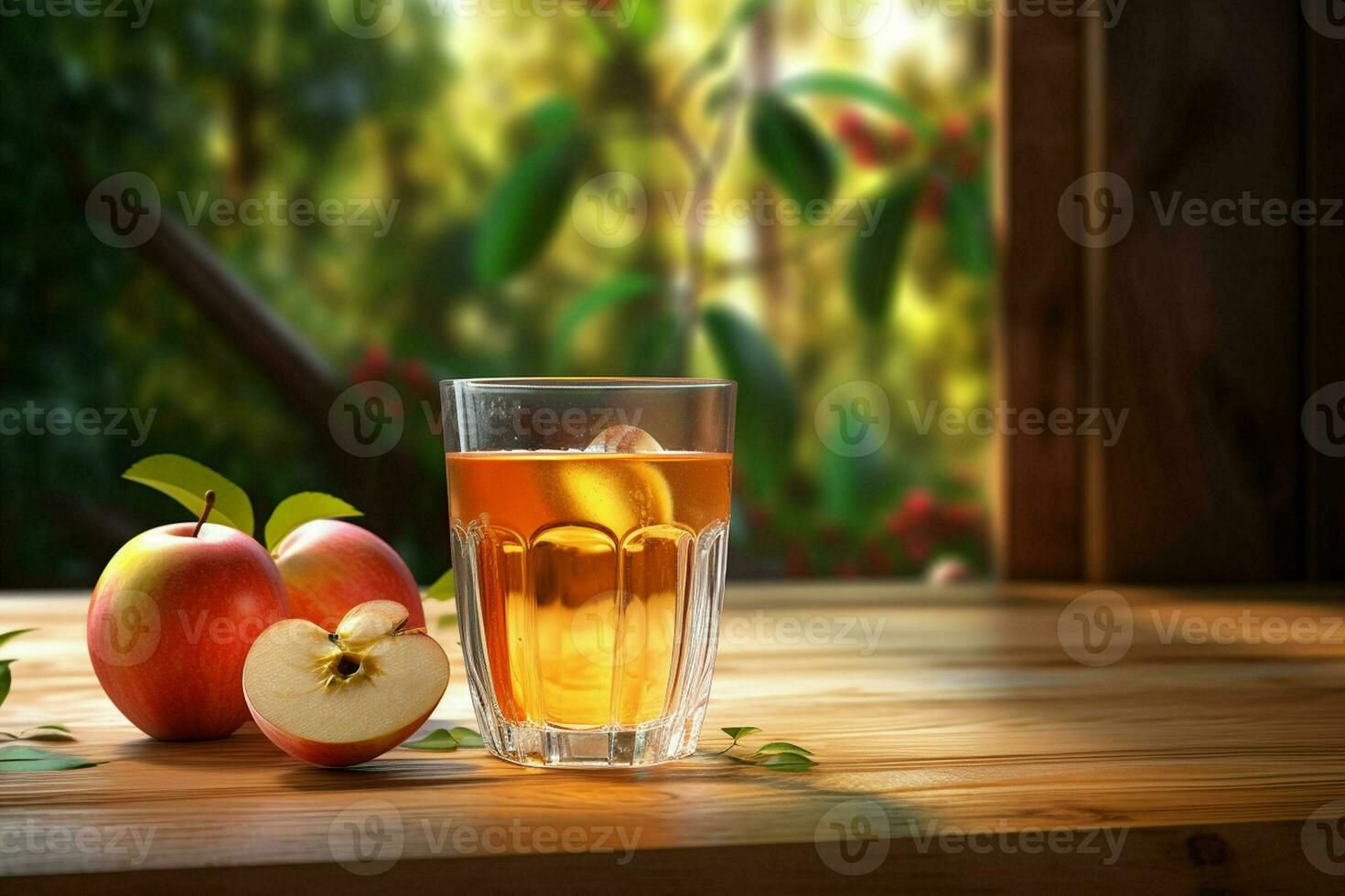 Glas von Apfel Saft und reif Äpfel auf hölzern Tabelle gegen natürlich Hintergrund. ai generiert Profi Foto