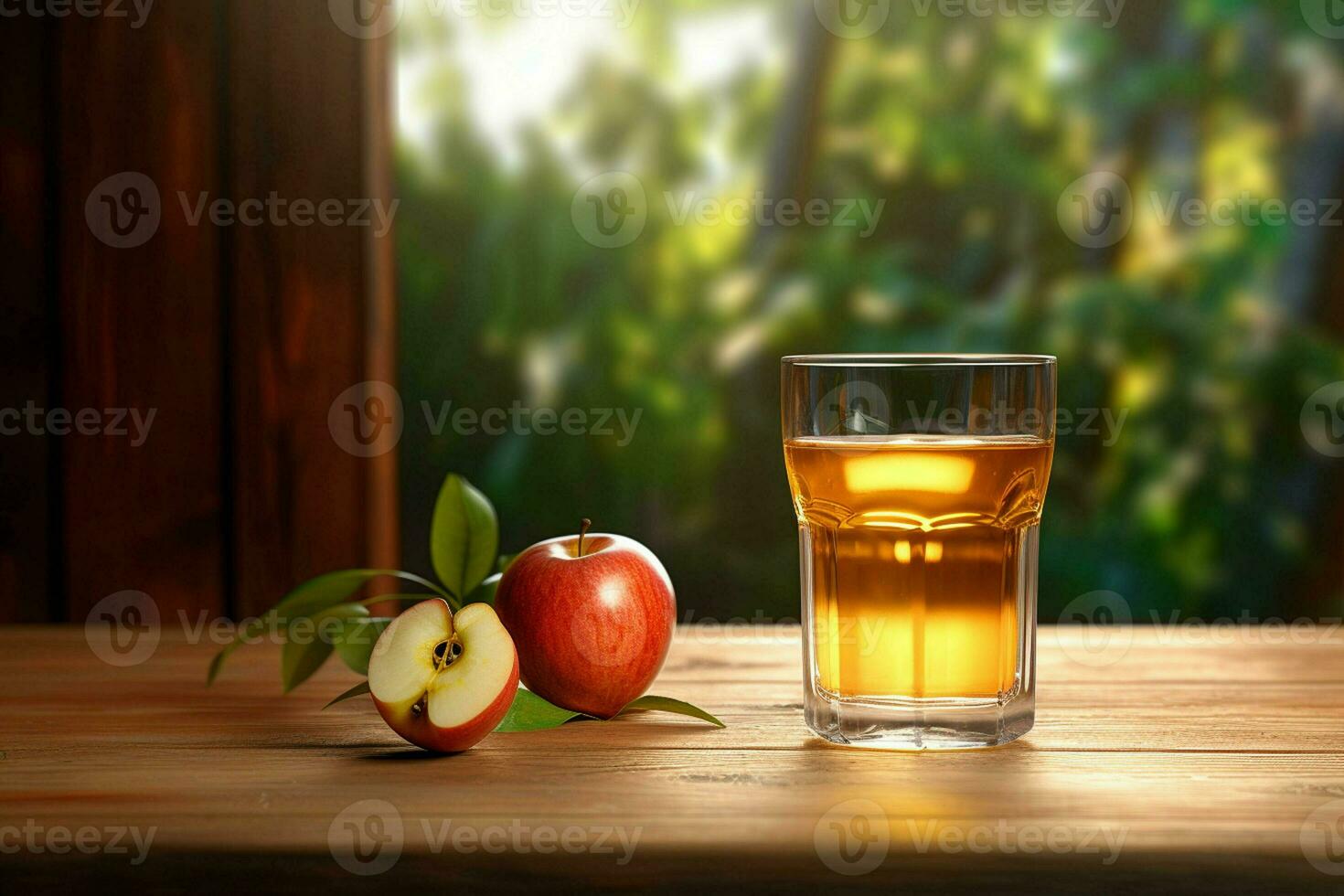 Glas von Apfel Saft und reif Äpfel auf hölzern Tabelle gegen natürlich Hintergrund. ai generiert Profi Foto