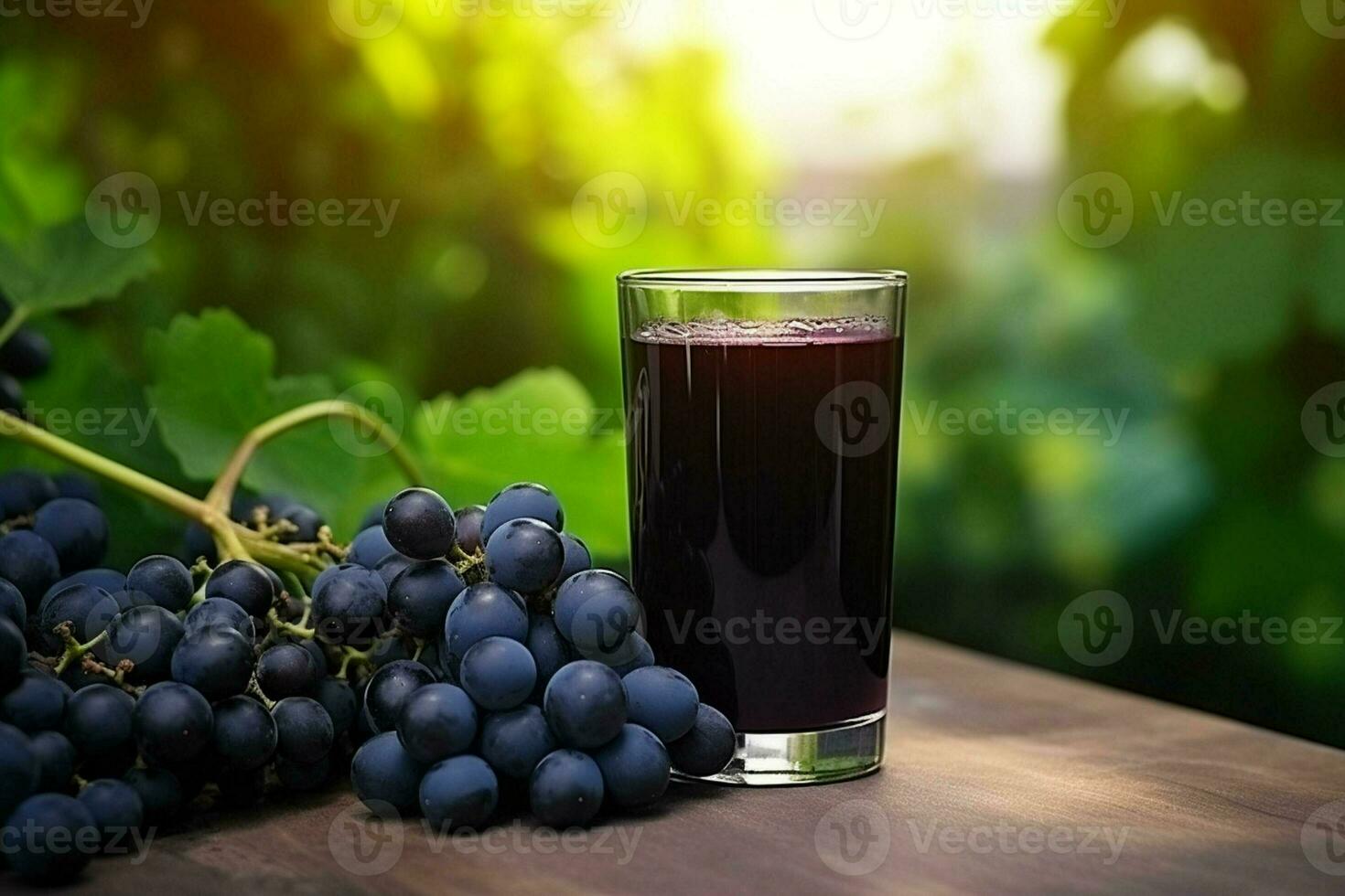 Glas von rot Wein mit Trauben auf ein hölzern Tabelle im das Weinberg. ai generiert Profi Foto