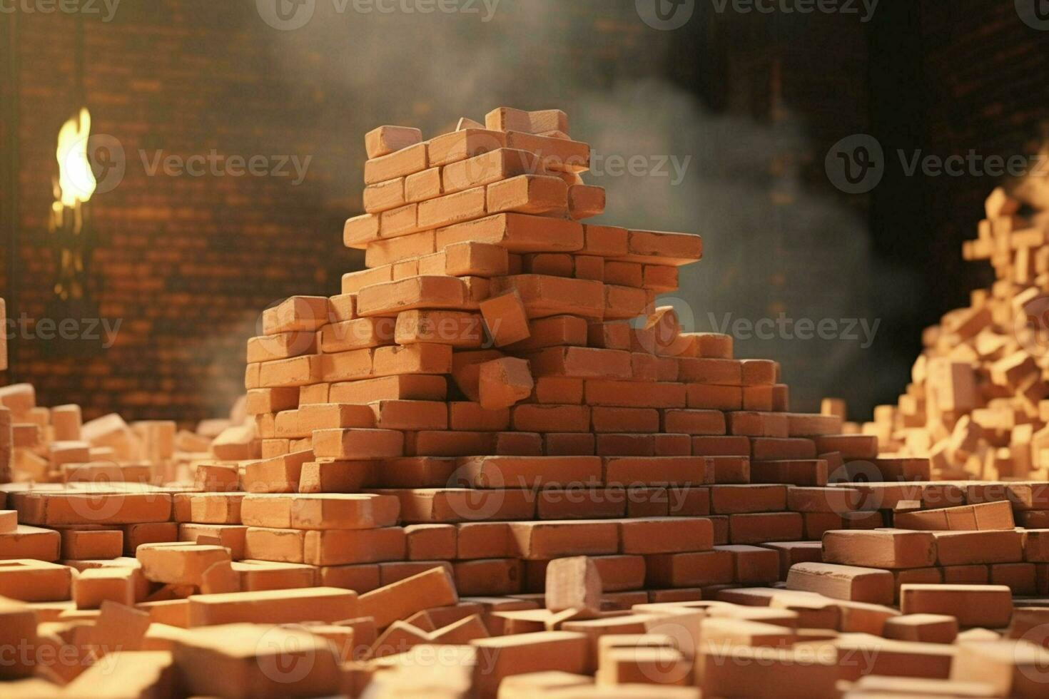 Stapel von rot Ziegel auf das Hintergrund von ein Backstein Mauer. Konstruktion Konzept. ai generiert Profi Foto