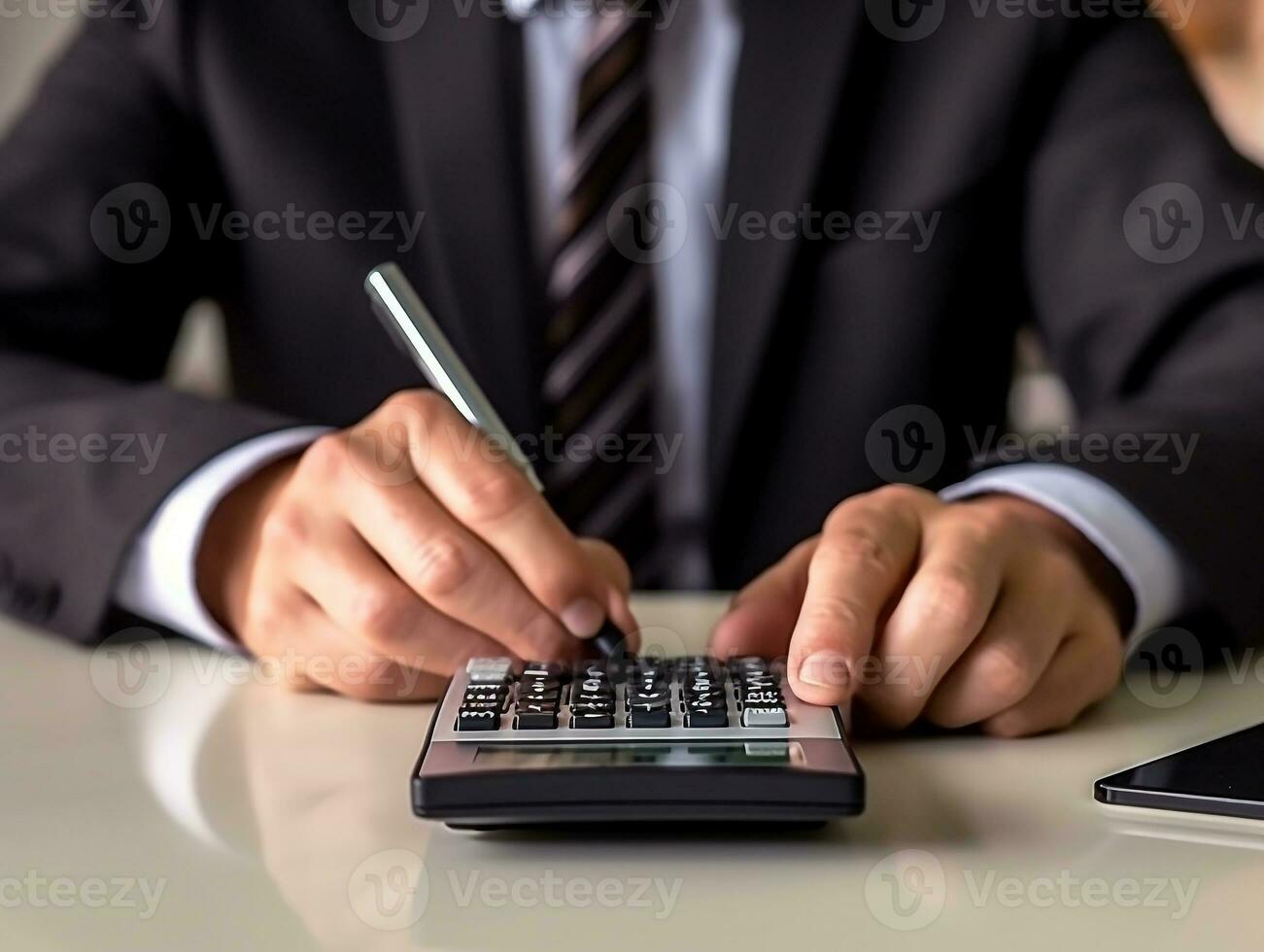 Fokus von Geschäftsmann mit Taschenrechner auf Tabelle.generativ ai. foto