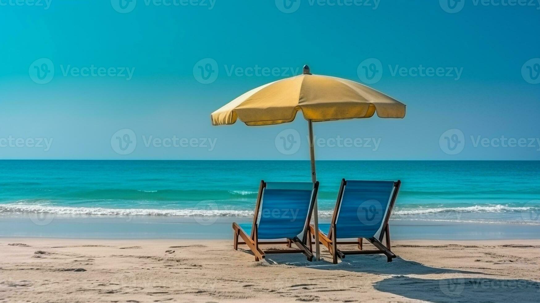 Landschaft Strand Stühle und Regenschirm auf atemberaubend tropisch Strand.generativ ai. foto