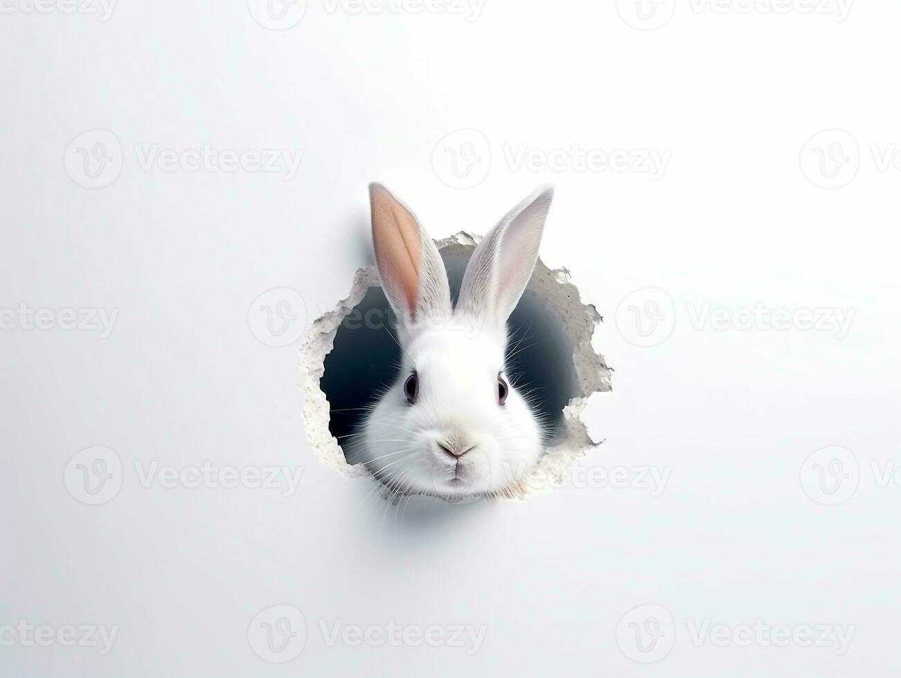 Hase späht aus Loch im das Weiß Mauer mit bunt Ostern Ei.generativ ai. foto