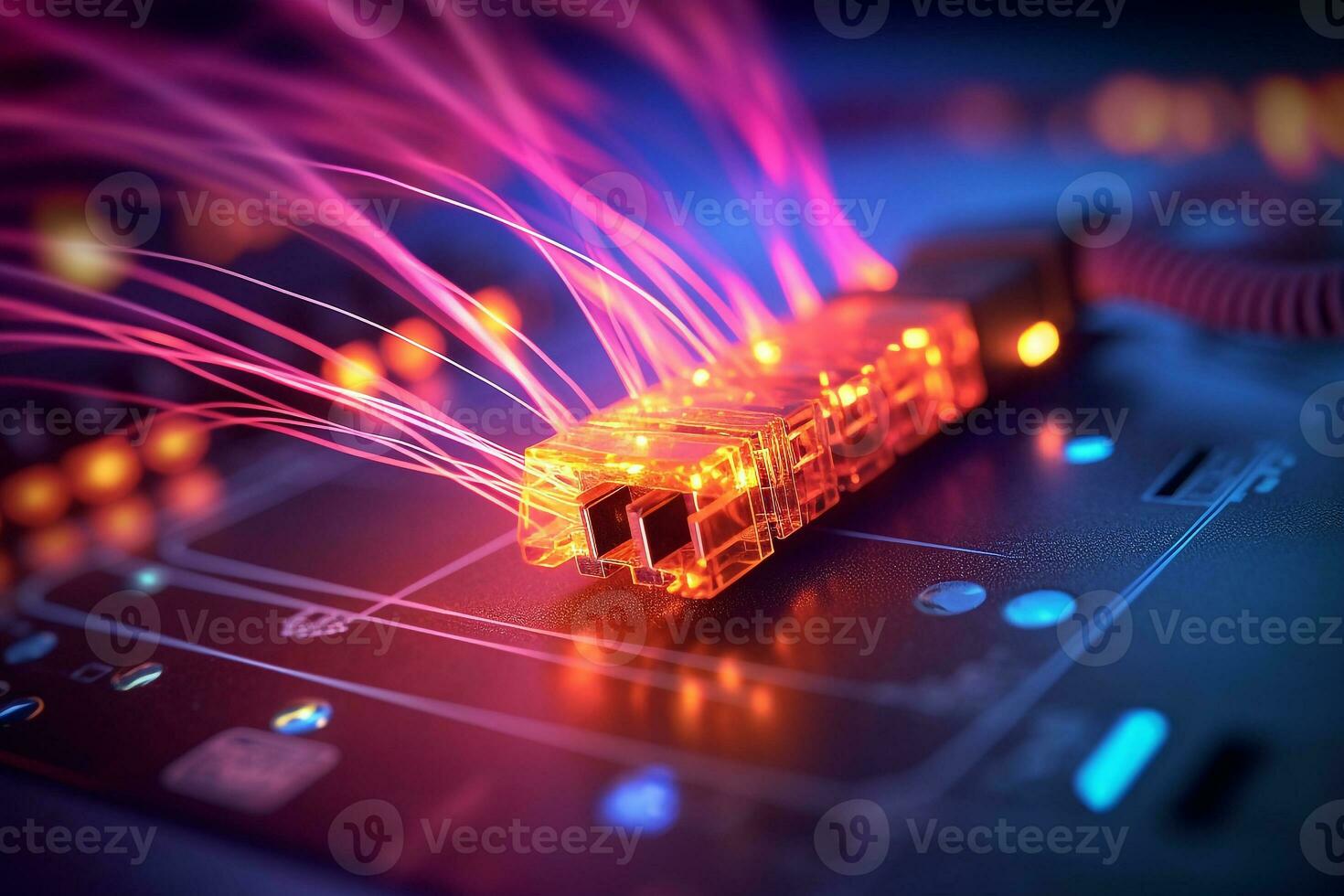 verbinden Internet mit bunt Ballaststoff Optik Kabel.generativ ai. foto