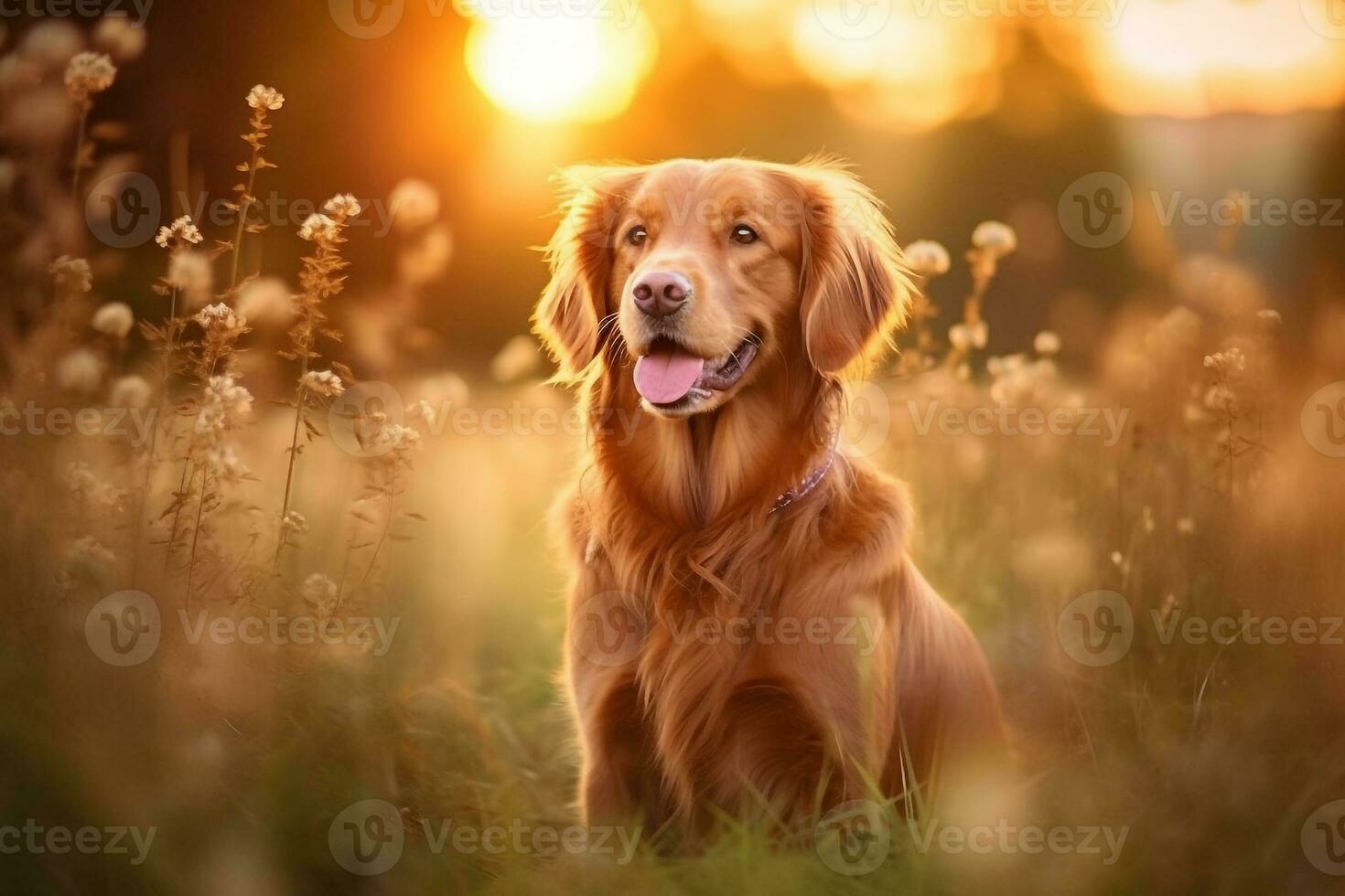 golden Retriever Sitzung auf Wiese mit sonnenuntergang.generativ ai. foto