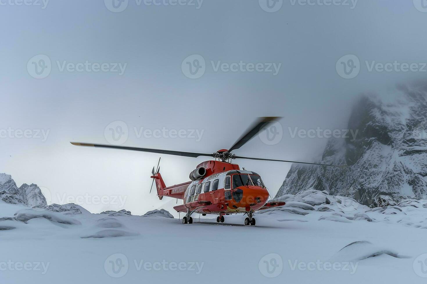 Schnee Berg Rettung Hubschrauber ist nehmen aus.generativ ai. foto