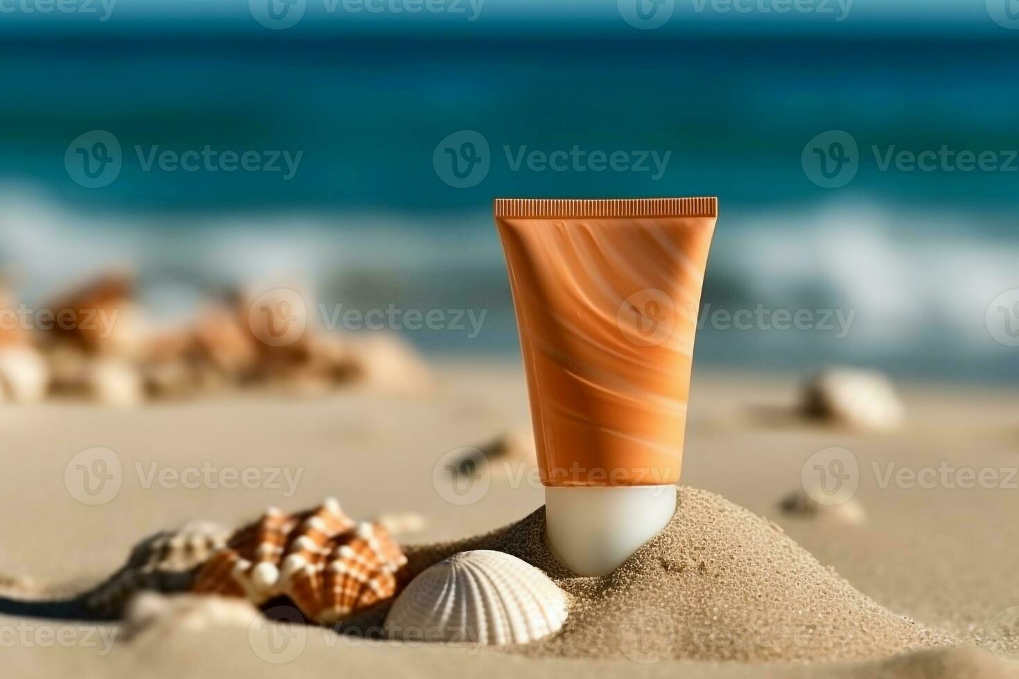 Sonne Schutz Sahne und Muschel auf das Sand Strand.generativ ai. foto