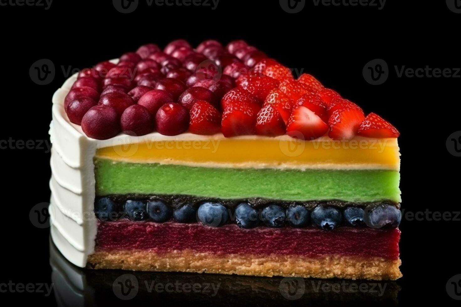 Regenbogen Käsekuchen Schicht und Beere auf schwarz Hintergrund foto