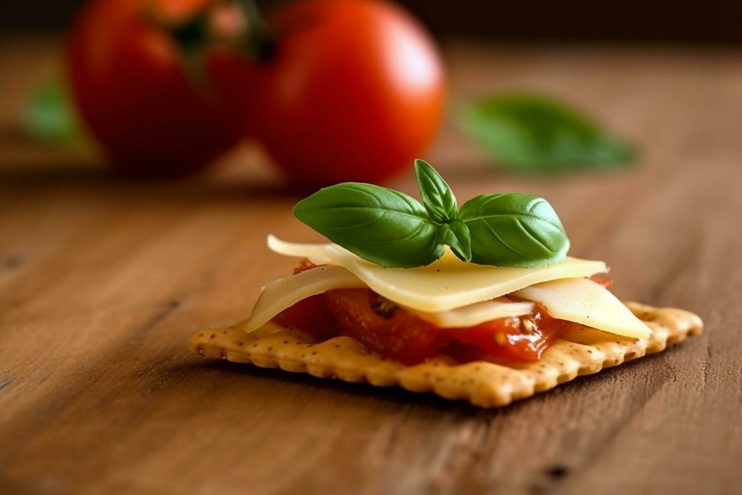 Cracker mit Käse ,Tomate im das hölzern Hintergrund foto