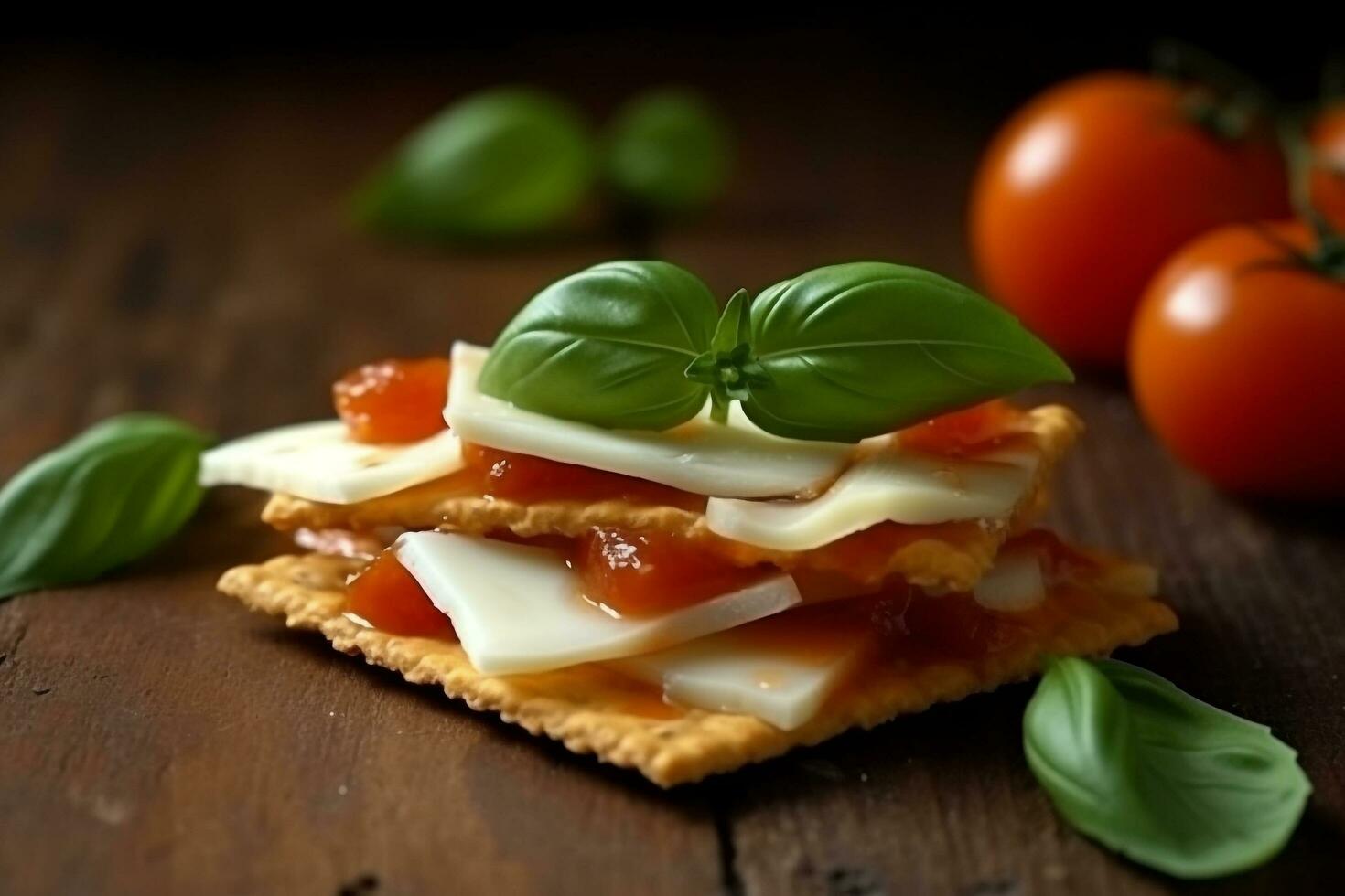 Cracker mit Käse ,Tomate im das hölzern Hintergrund foto