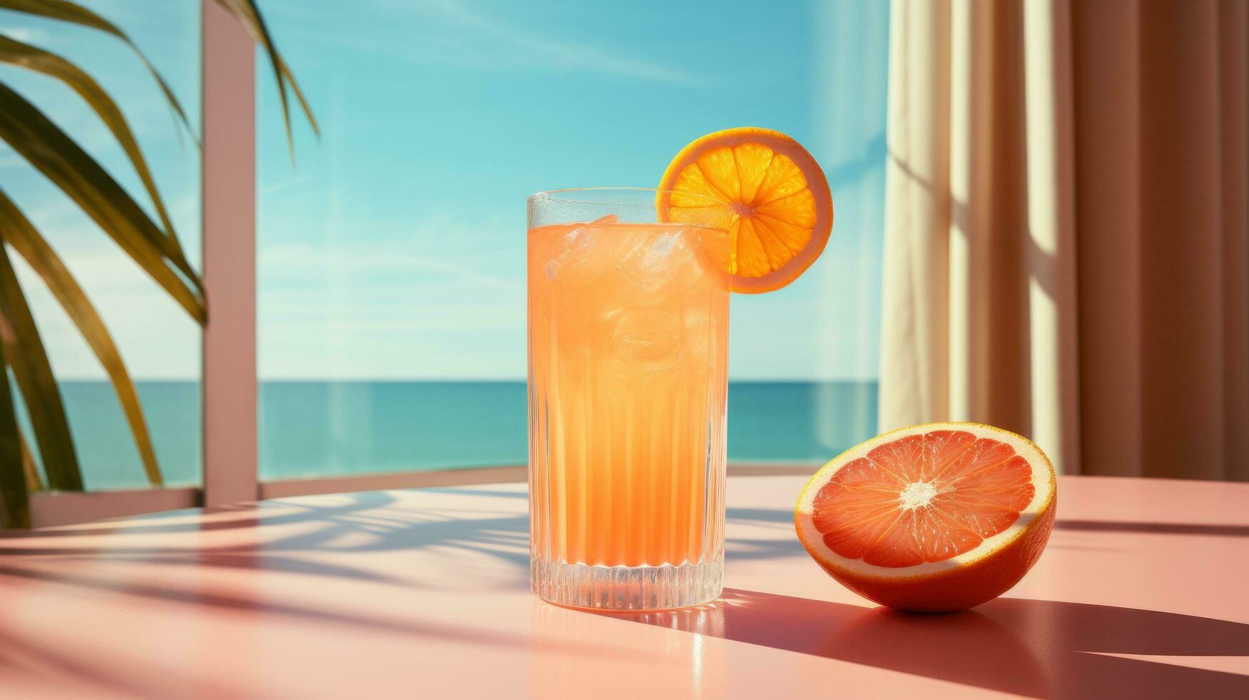 Orange Getränk im ein Glas neben Schwimmbad foto