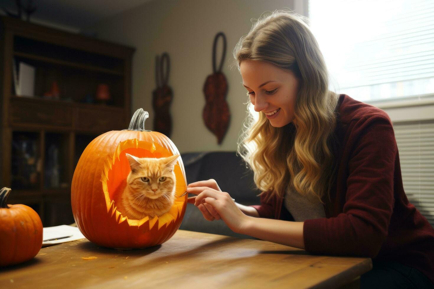 Frau schnitzt Kürbis zum Halloween foto