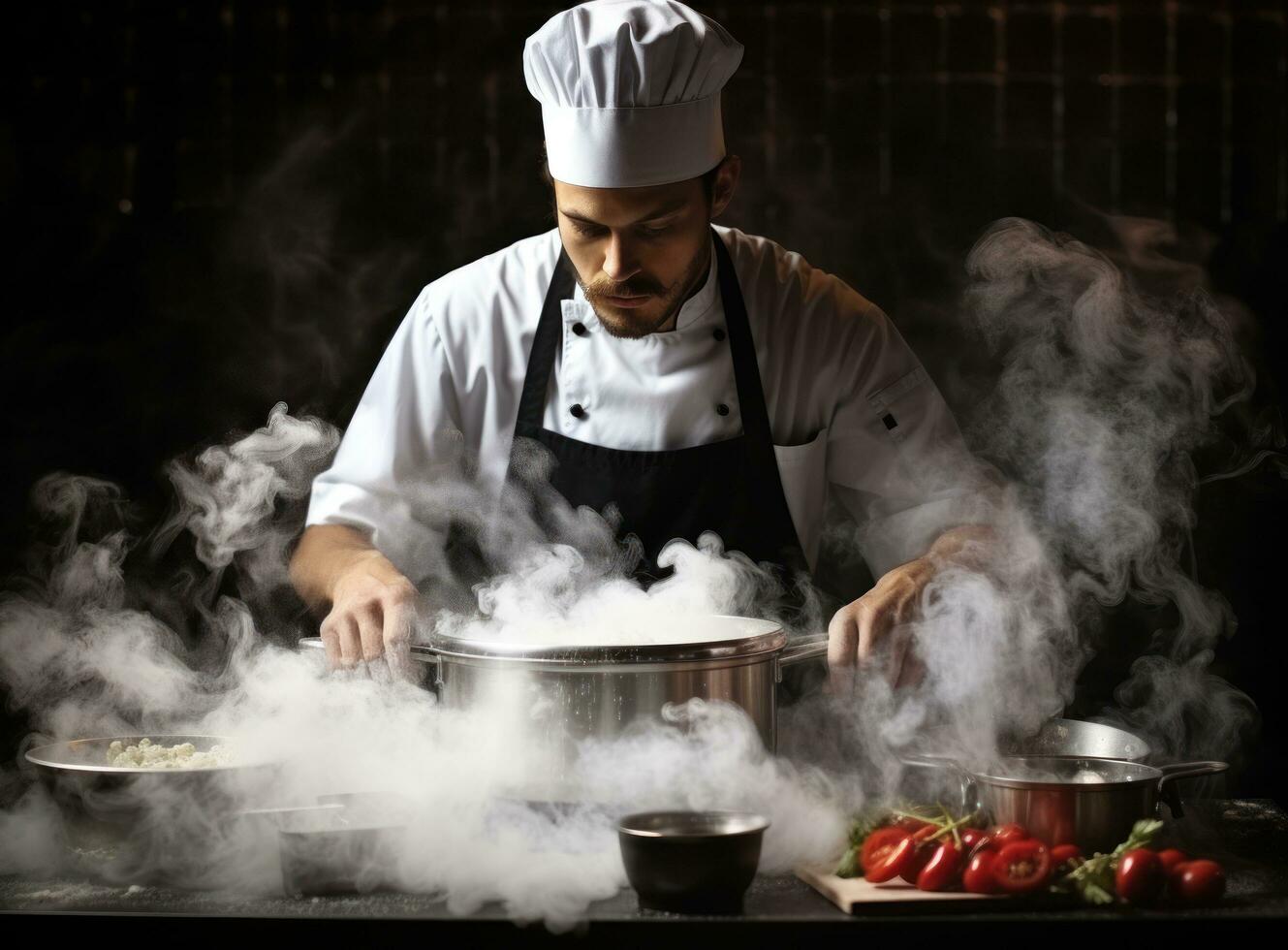 Koch im Hut und Brille vorbereiten Essen gegrillt im ein schwenken foto