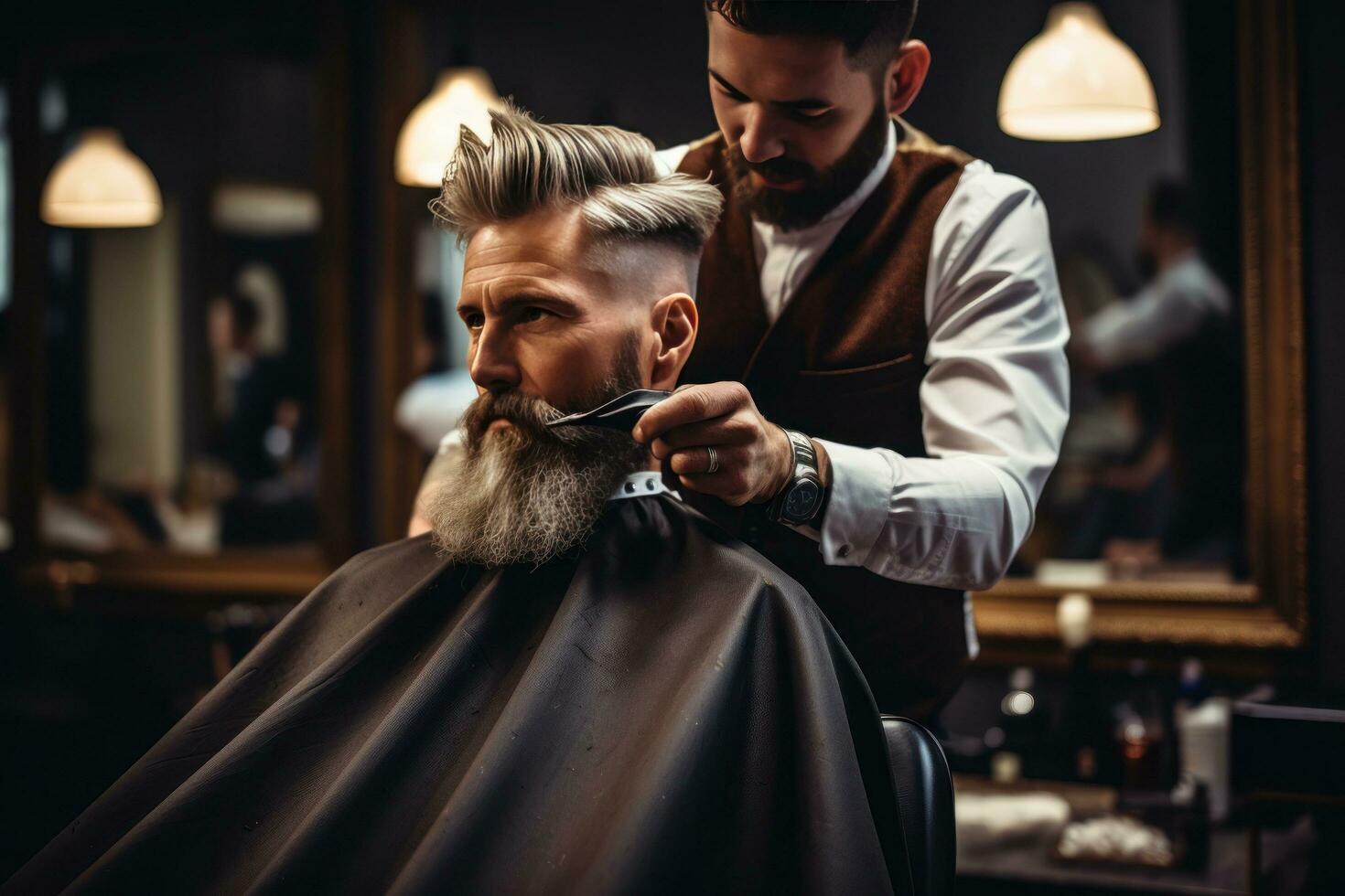 ein Friseur mit ein Bart im ein schwarz Mantel schneidet ein Kunden Haar foto