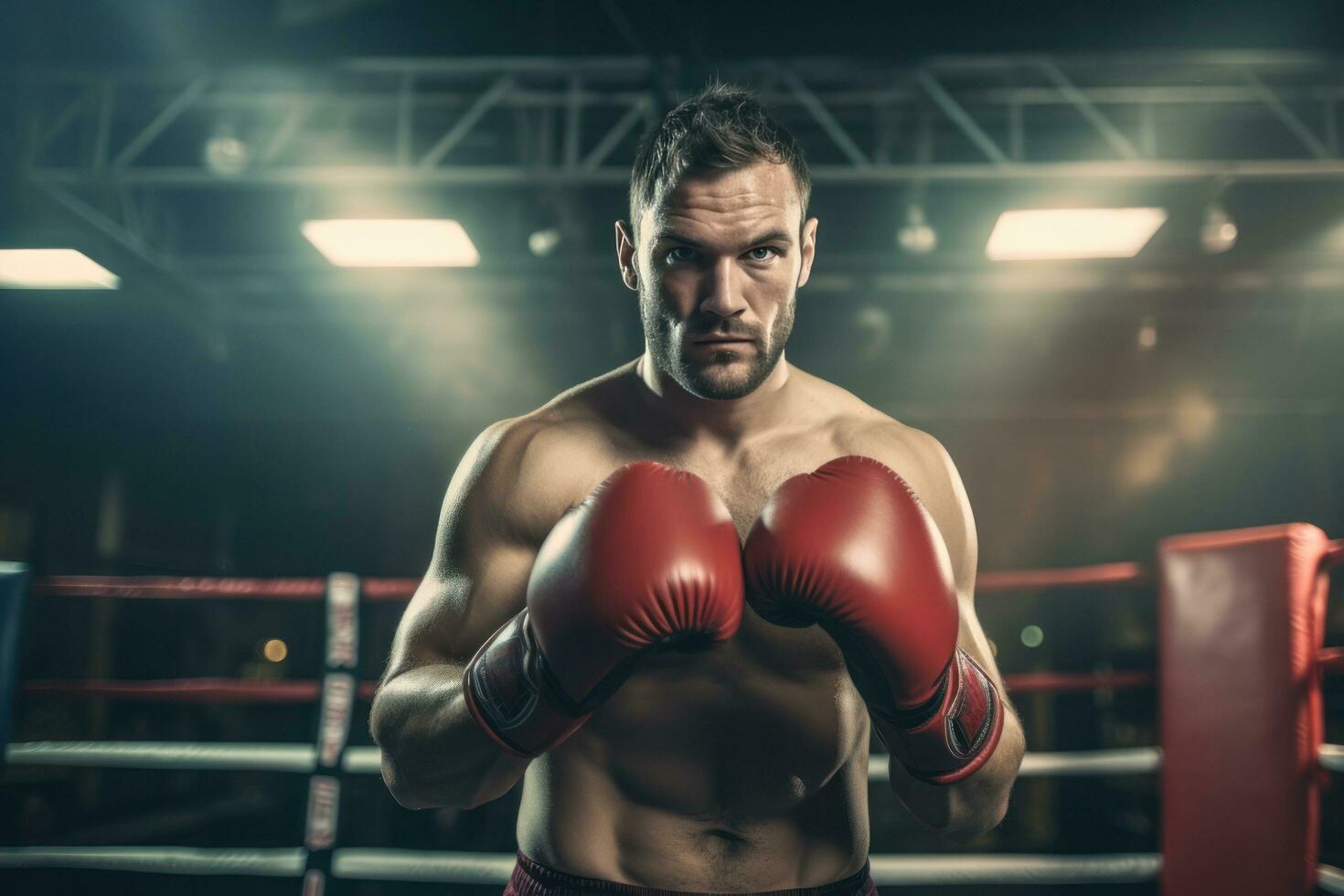 Fachmann Boxer posieren mit seine Handschuhe auf im das Boxen Ring foto