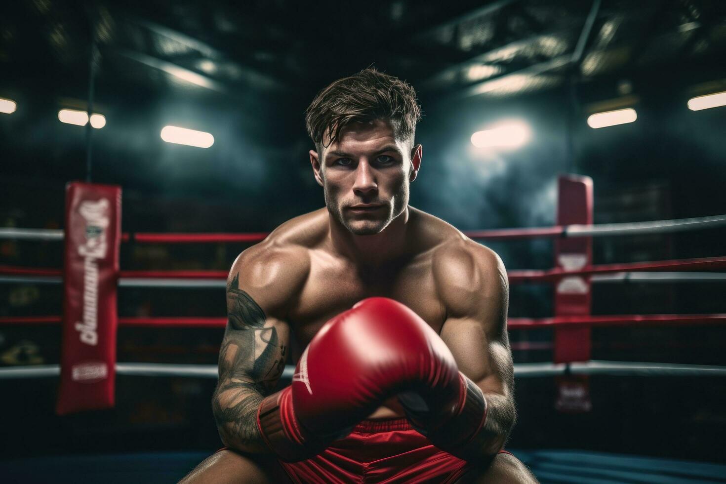 Fachmann Boxer posieren mit seine Handschuhe auf im das Boxen Ring foto