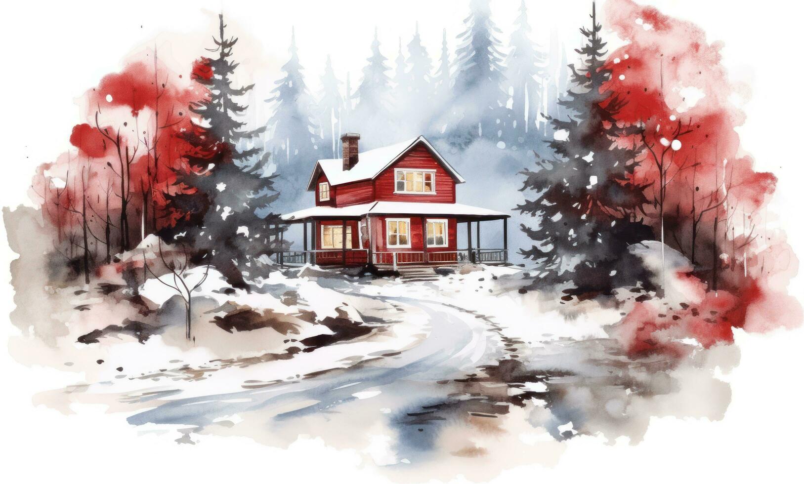 ein Aquarell Illustration von ein rot Bauernhof Haus und Kiefer Bäume foto