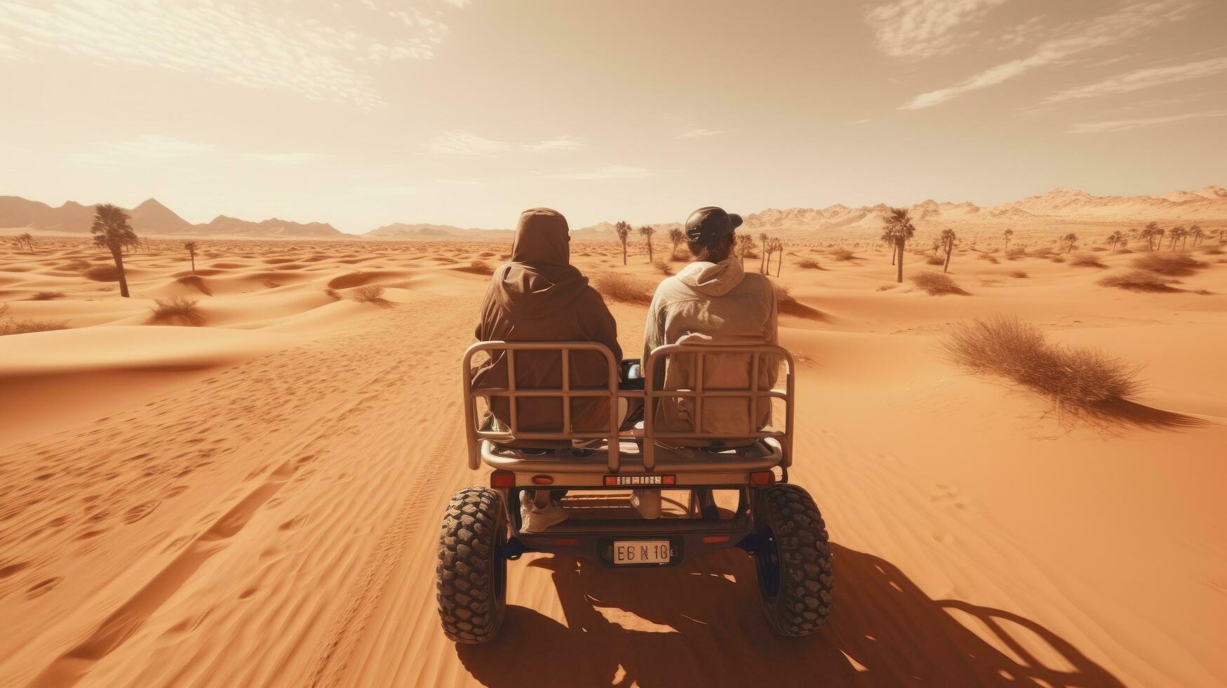 ein jung Paar Fahrten im ein Buggy durch das Wüste im das VAE foto